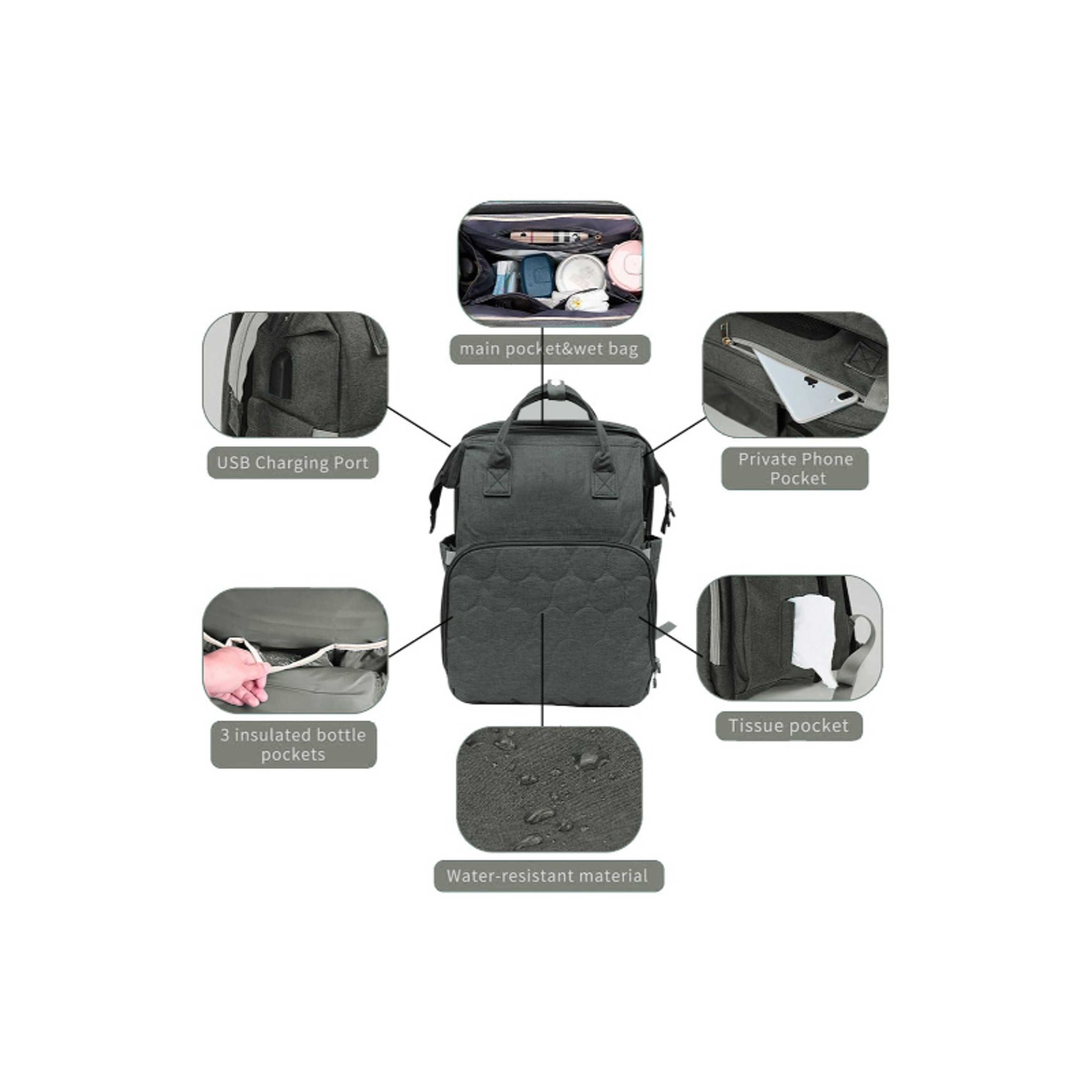 Baby-Expandable Baby Diaper Changing Backpack For Mother ,Grey - Product Main Image
