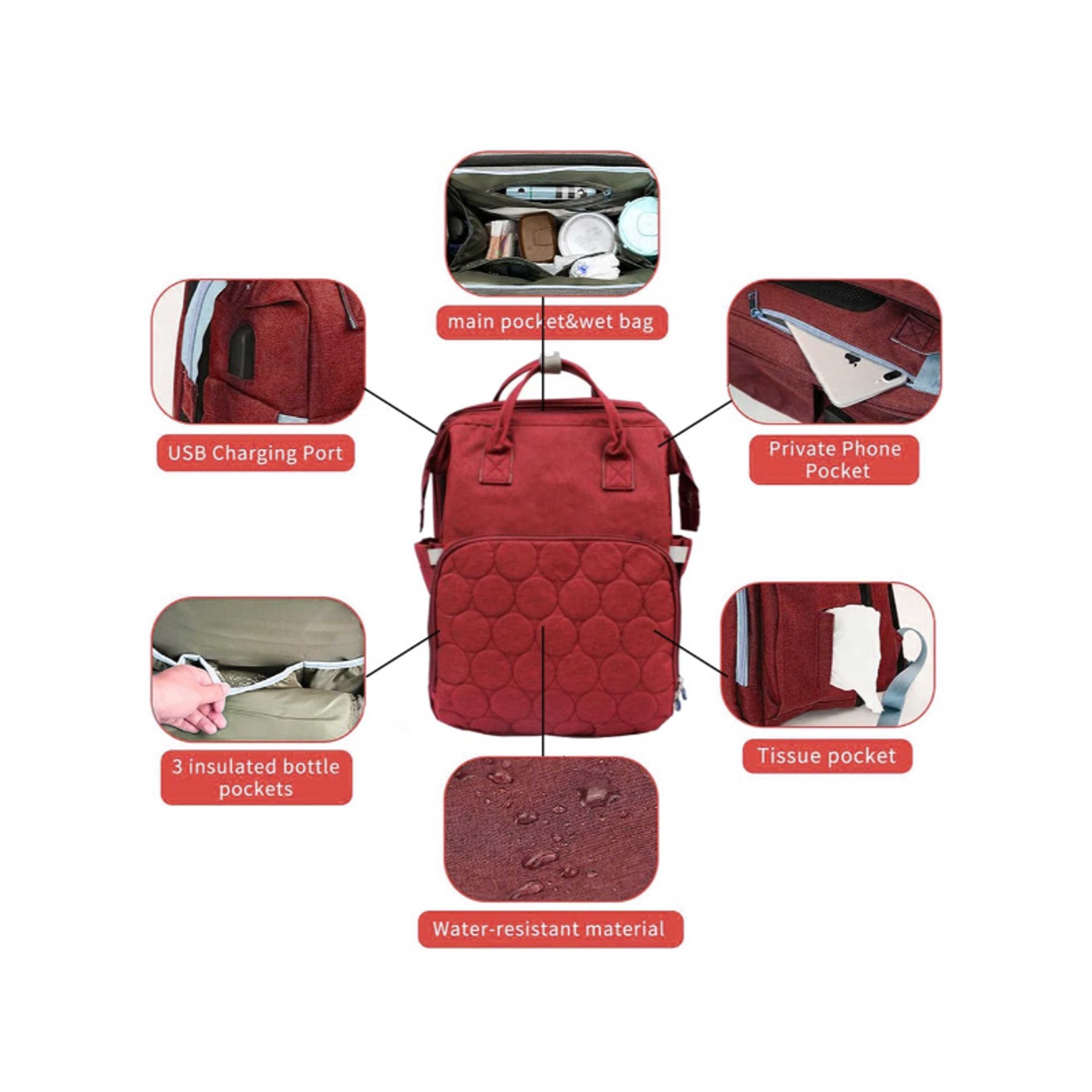 Baby-Expandable Baby Diaper Changing Backpack For Mother ,Red - Product Main Image