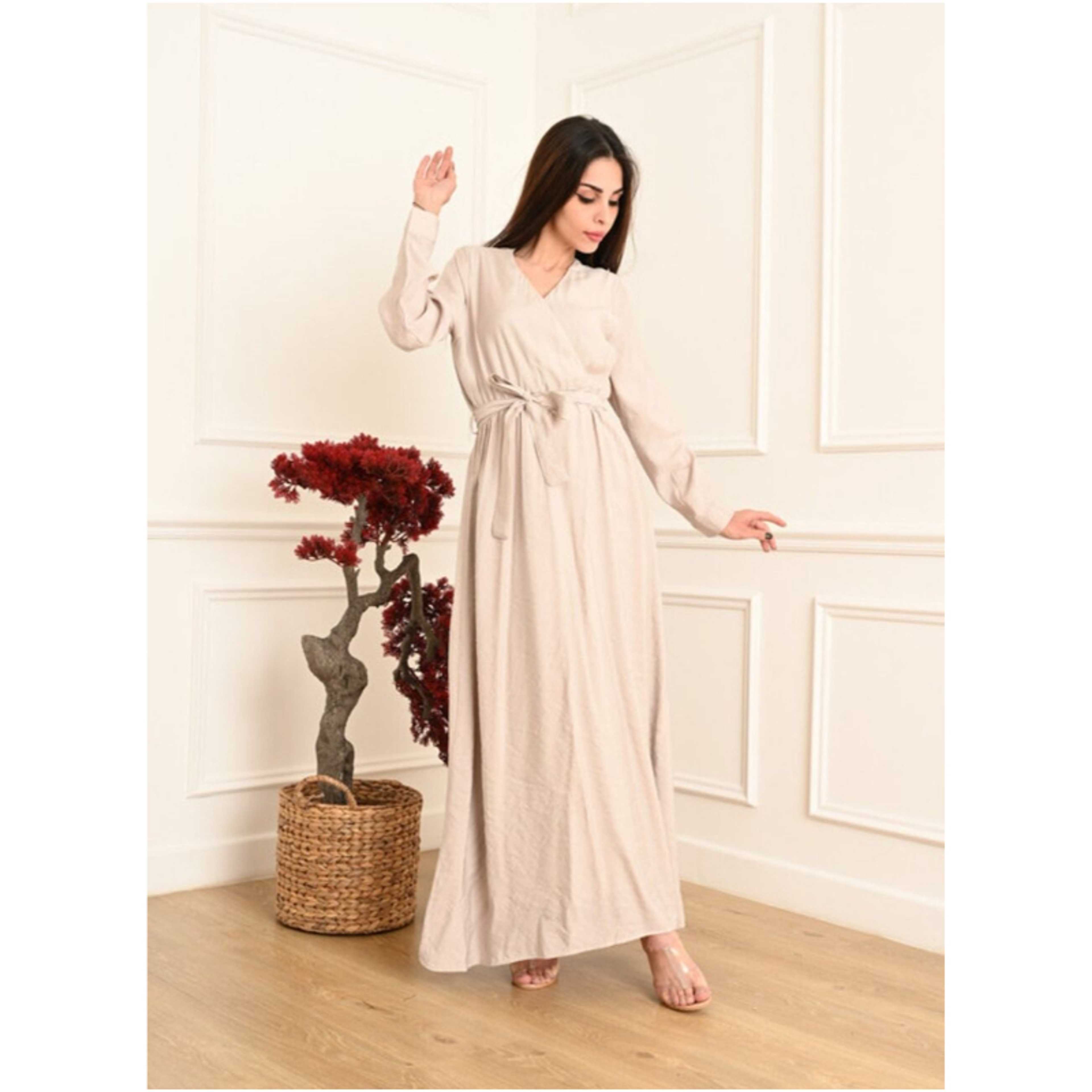 FULL JOY-Elegant Maxi  Jalabiya  with a tie at the waist and long sleeves - Product Main Image