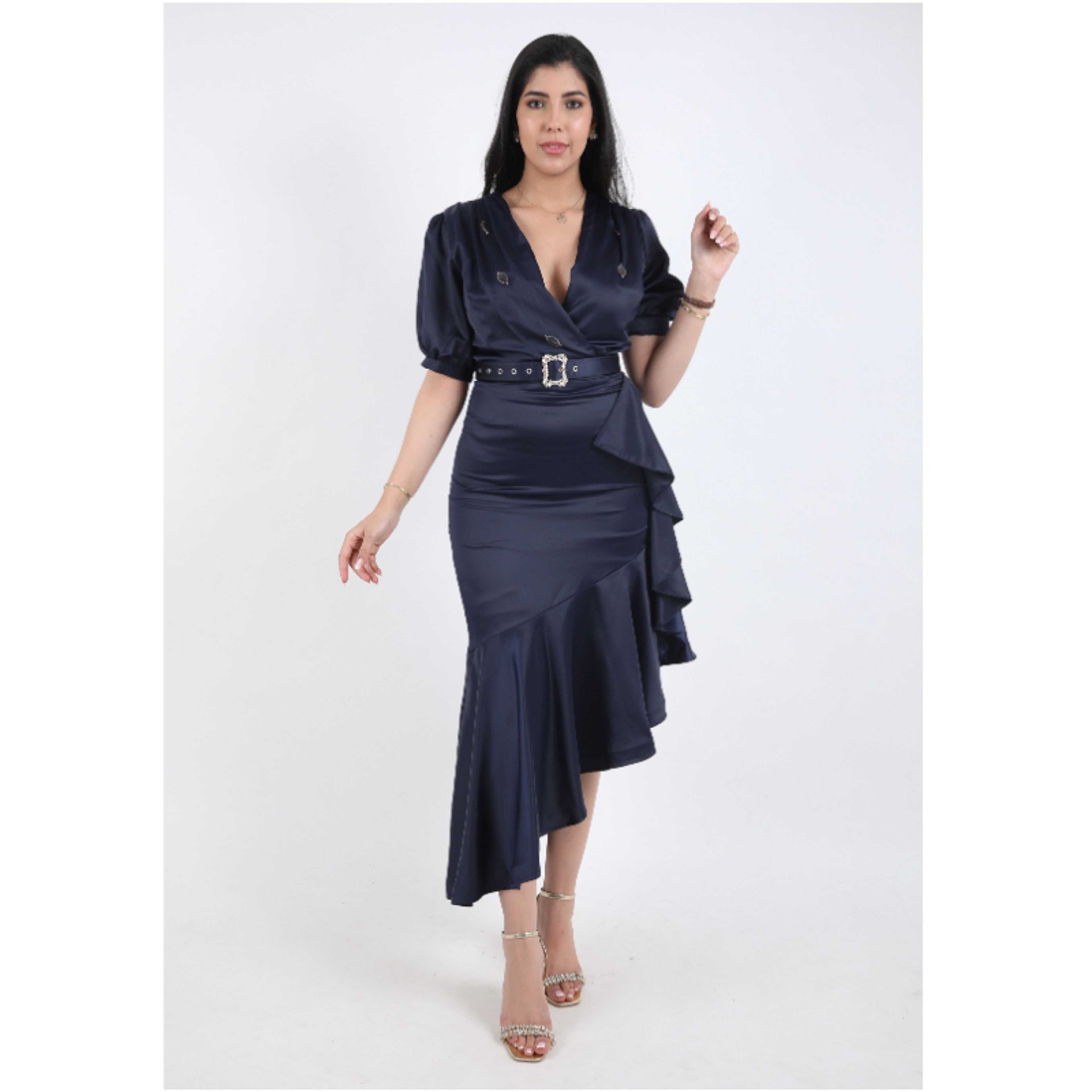 FULL JOY-Satin Dress with text Sleeves and  a belt decorated with crystals ,Navy - Product Main Image