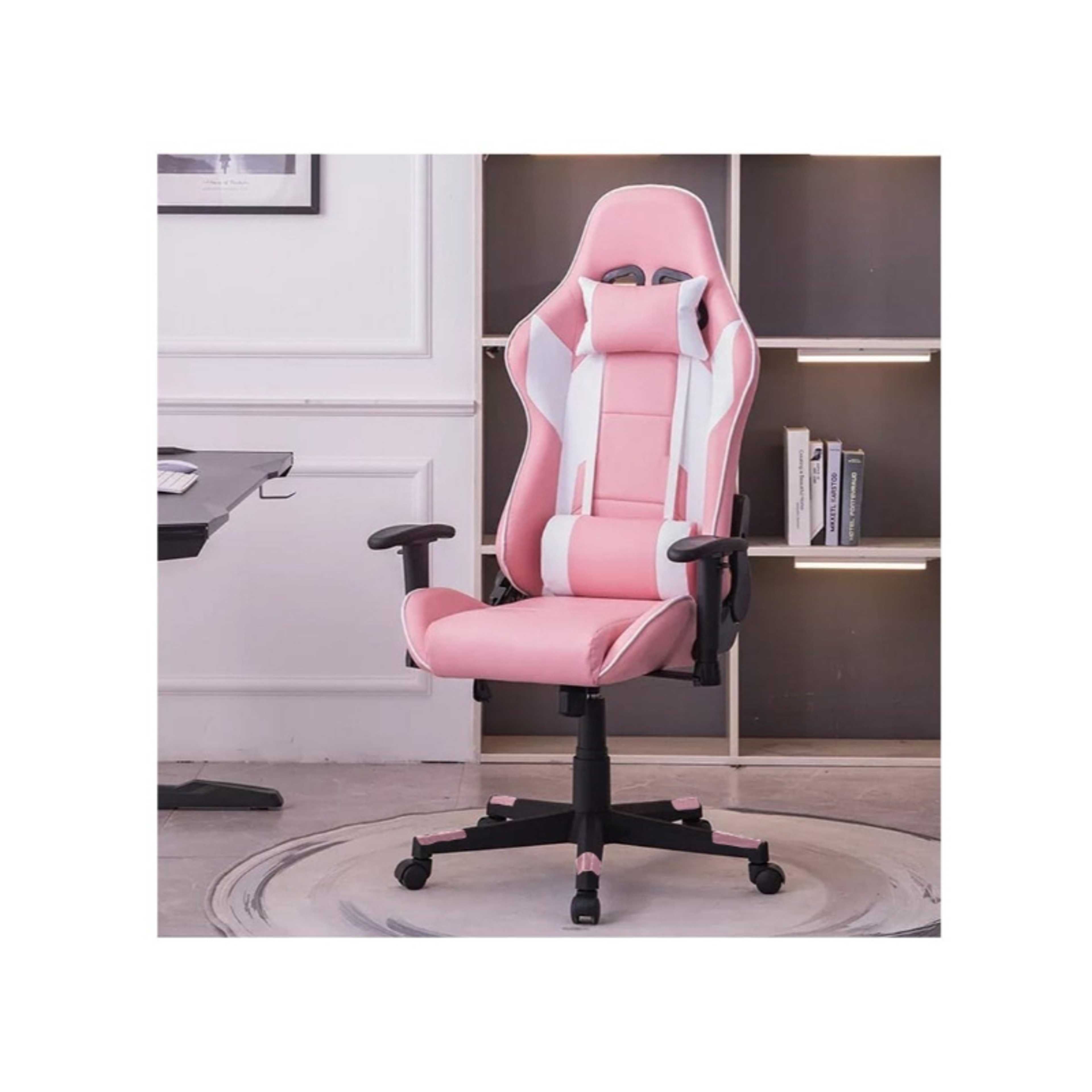 Baby-Gaming Chair Swivel leather video  with armrest and lumbar support, Pink- White - Product Main Image