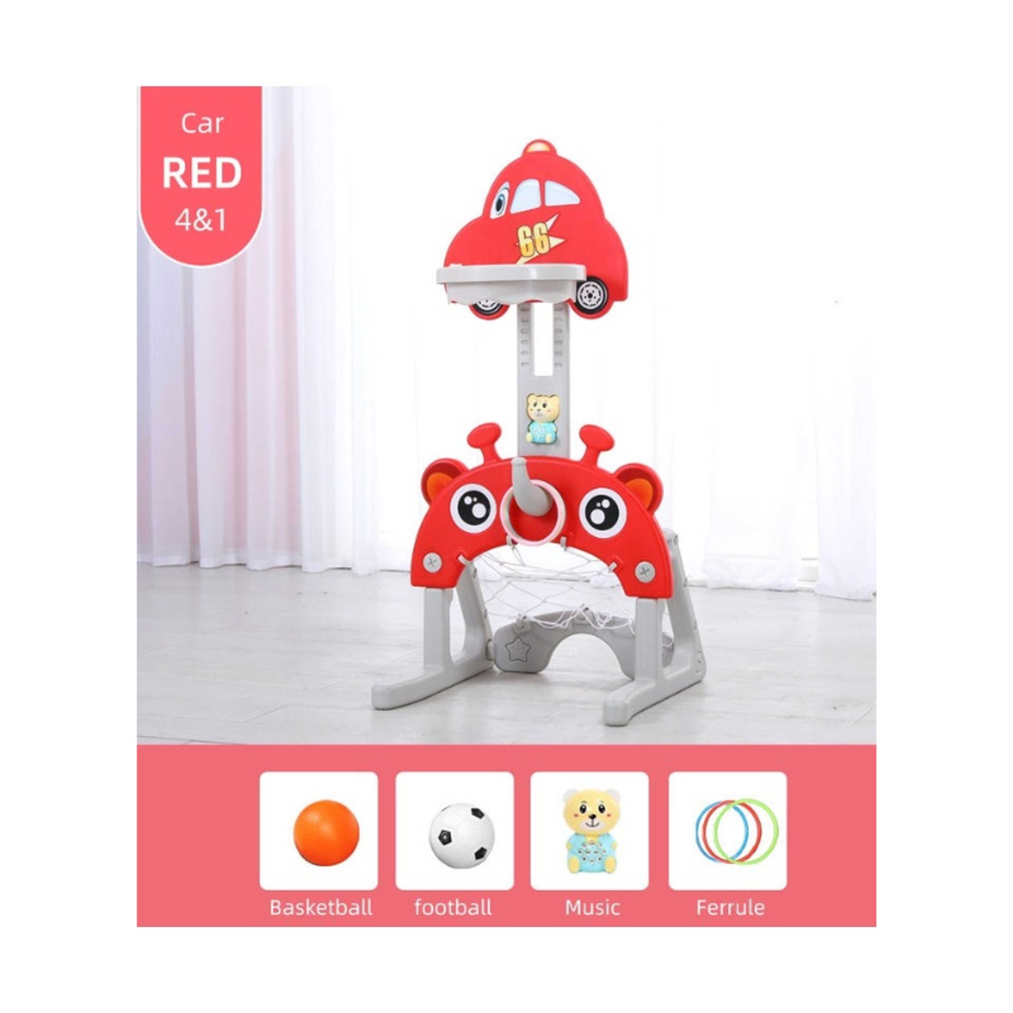 FULL JOY-4*1 Multifunctional Car-Shape Basketball Set Combines Basketball Game, Football Game ,Music  and Ring Toss Game ,Red - Product Main Image