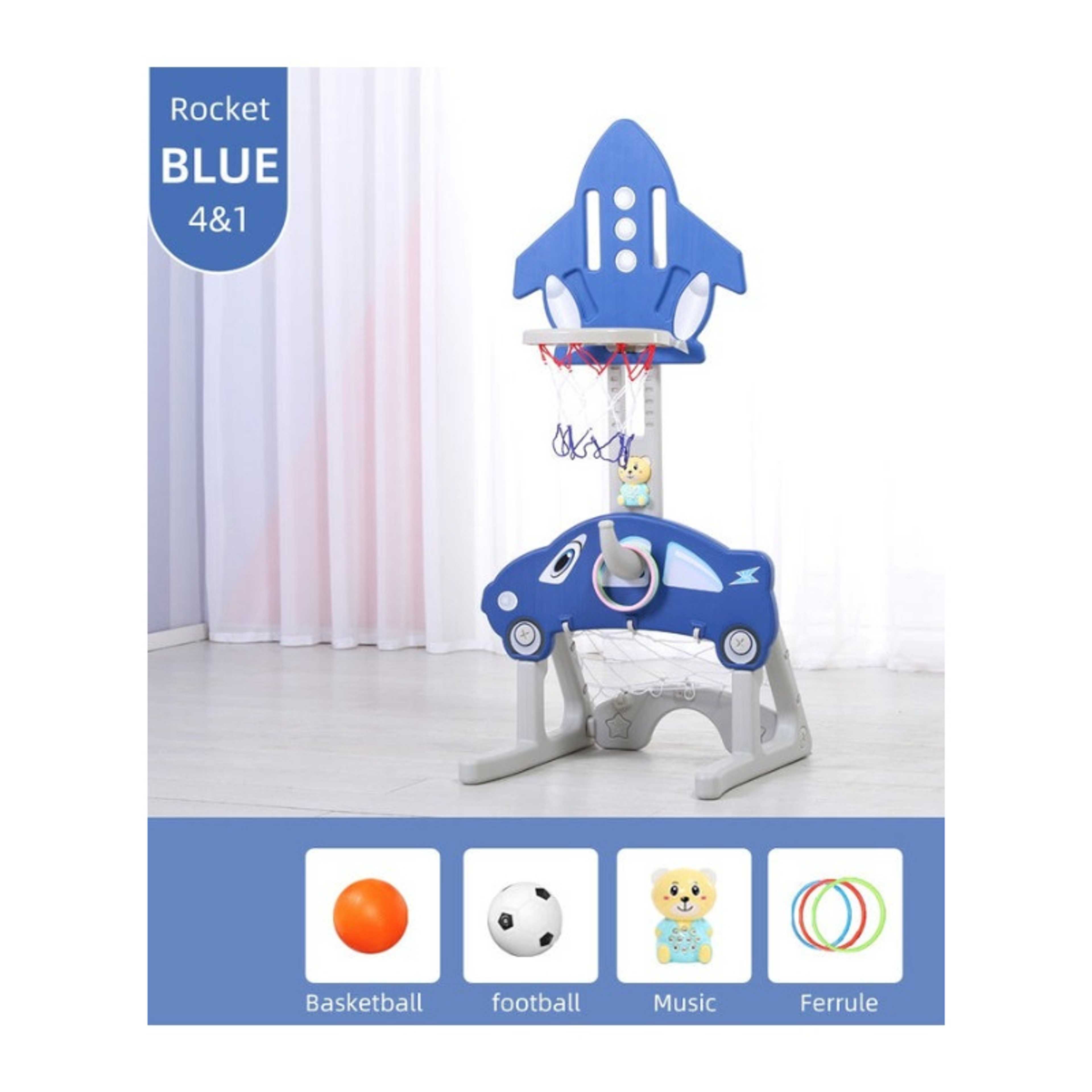 FULL JOY-4*1 Multifunctional Rocket-Shape Basketball Set Combines Basketball Game, Football Game ,Music  and Ring Toss Game ,Blue - Product Main Image