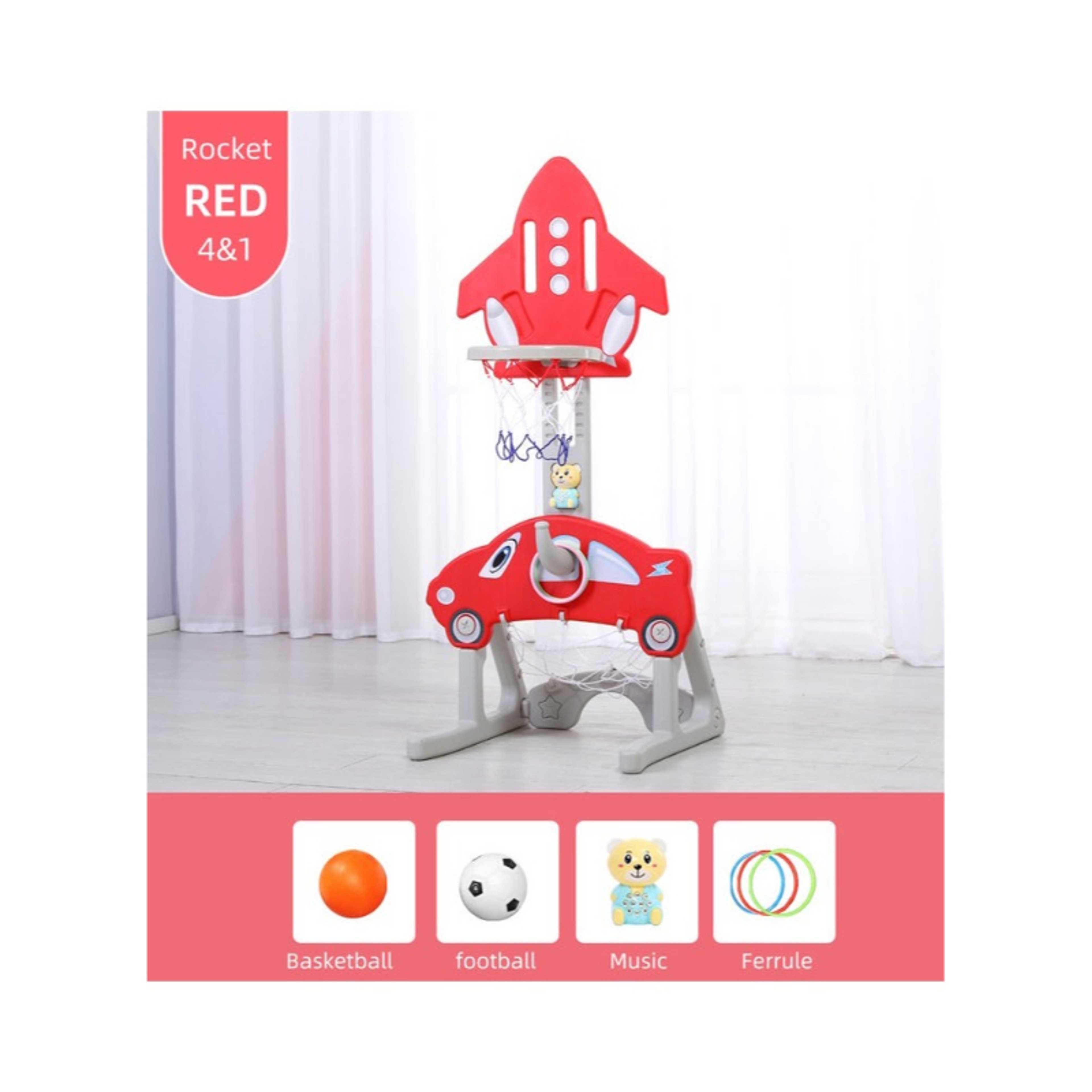 FULL JOY-4*1 Multifunctional Rocket-Shape Basketball Set Combines Basketball Game, Football Game ,Music  and Ring Toss Game ,Red - Product Main Image