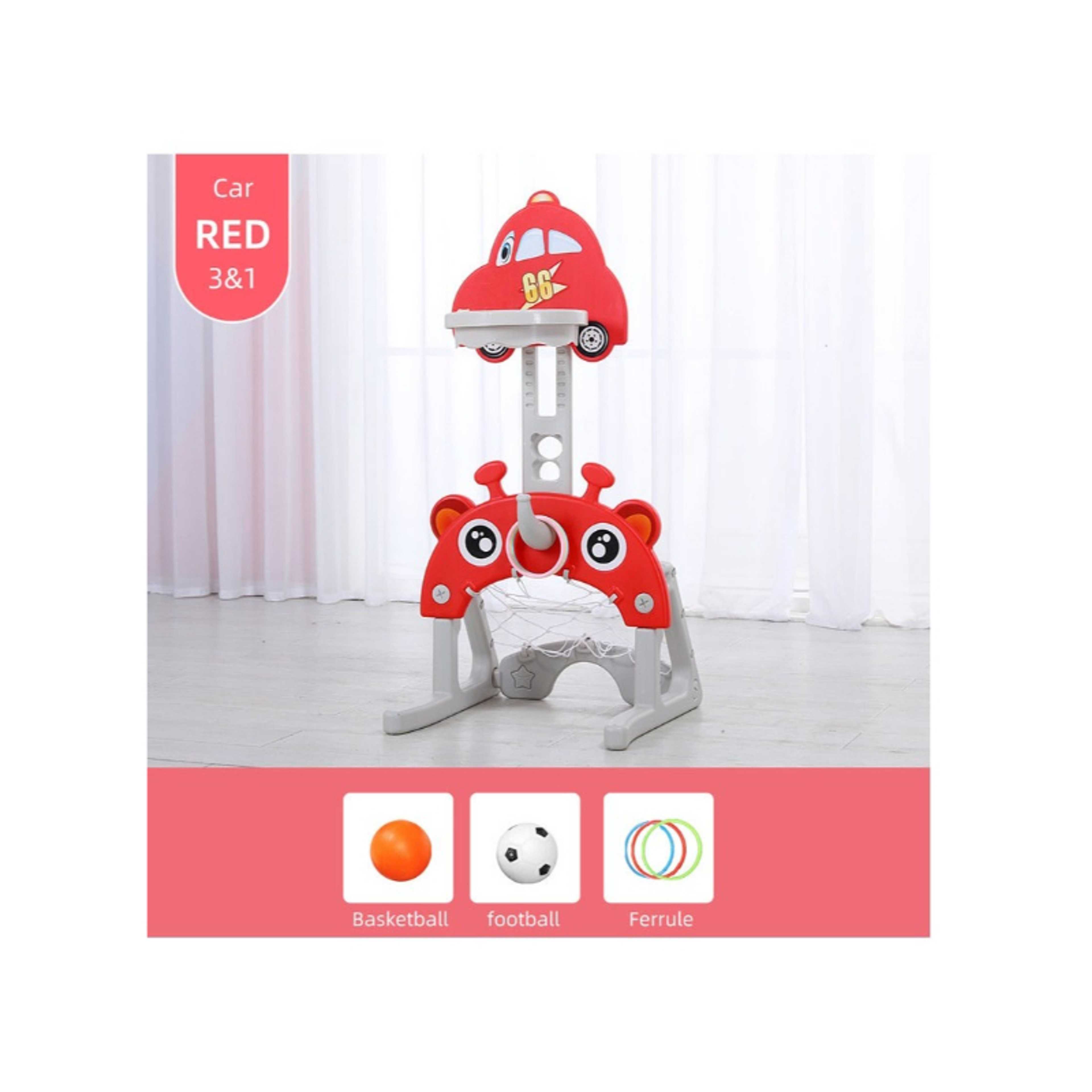 FULL JOY-3*1 Multifunctional Car-Shape Basketball Set Combines Basketball Game, Football Game, and Ring Toss Game ,Red - Product Main Image