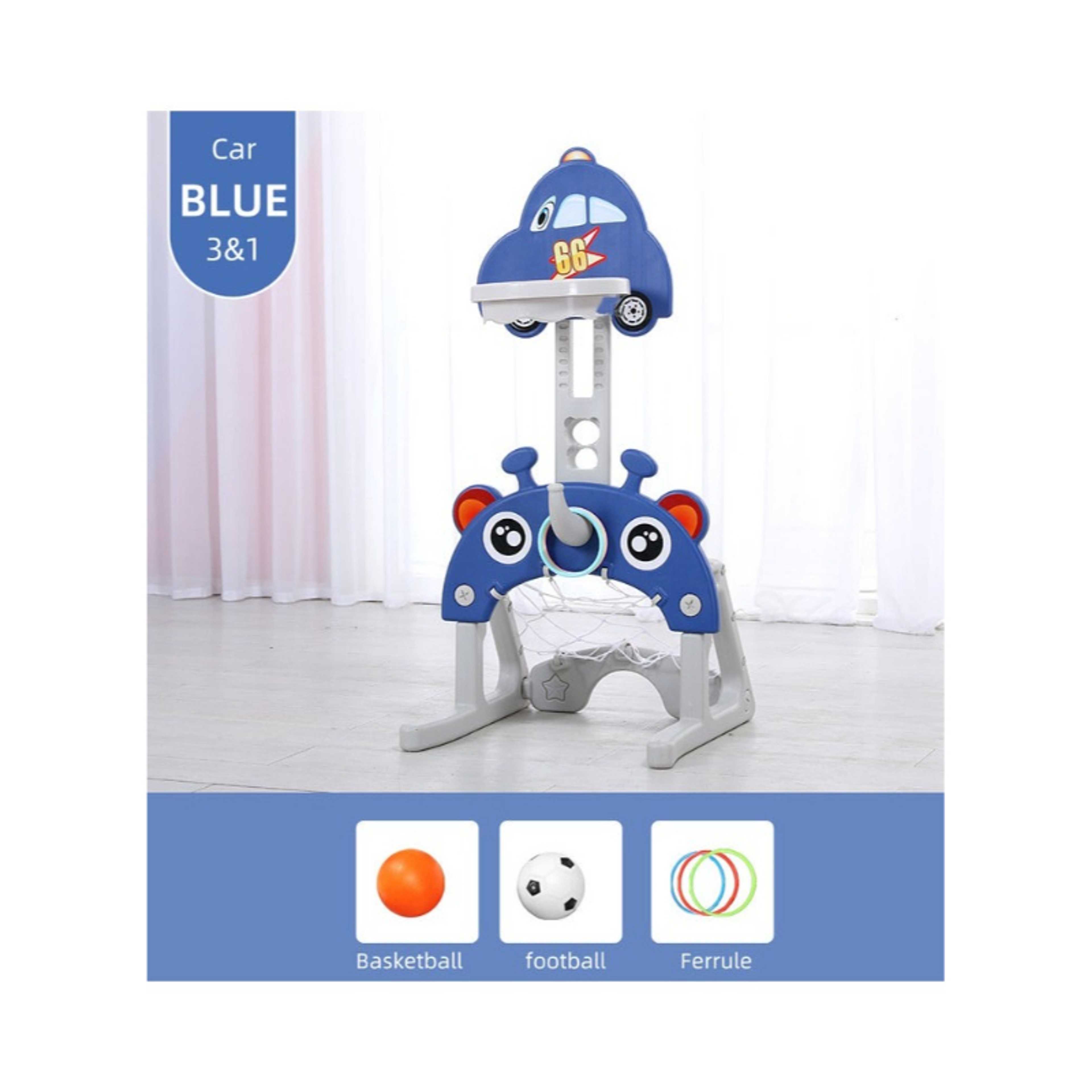 FULL JOY-3*1 Multifunctional Car-Shape Basketball Set Combines Basketball Game, Football Game, and Ring Toss Game ,Blue - Product Main Image