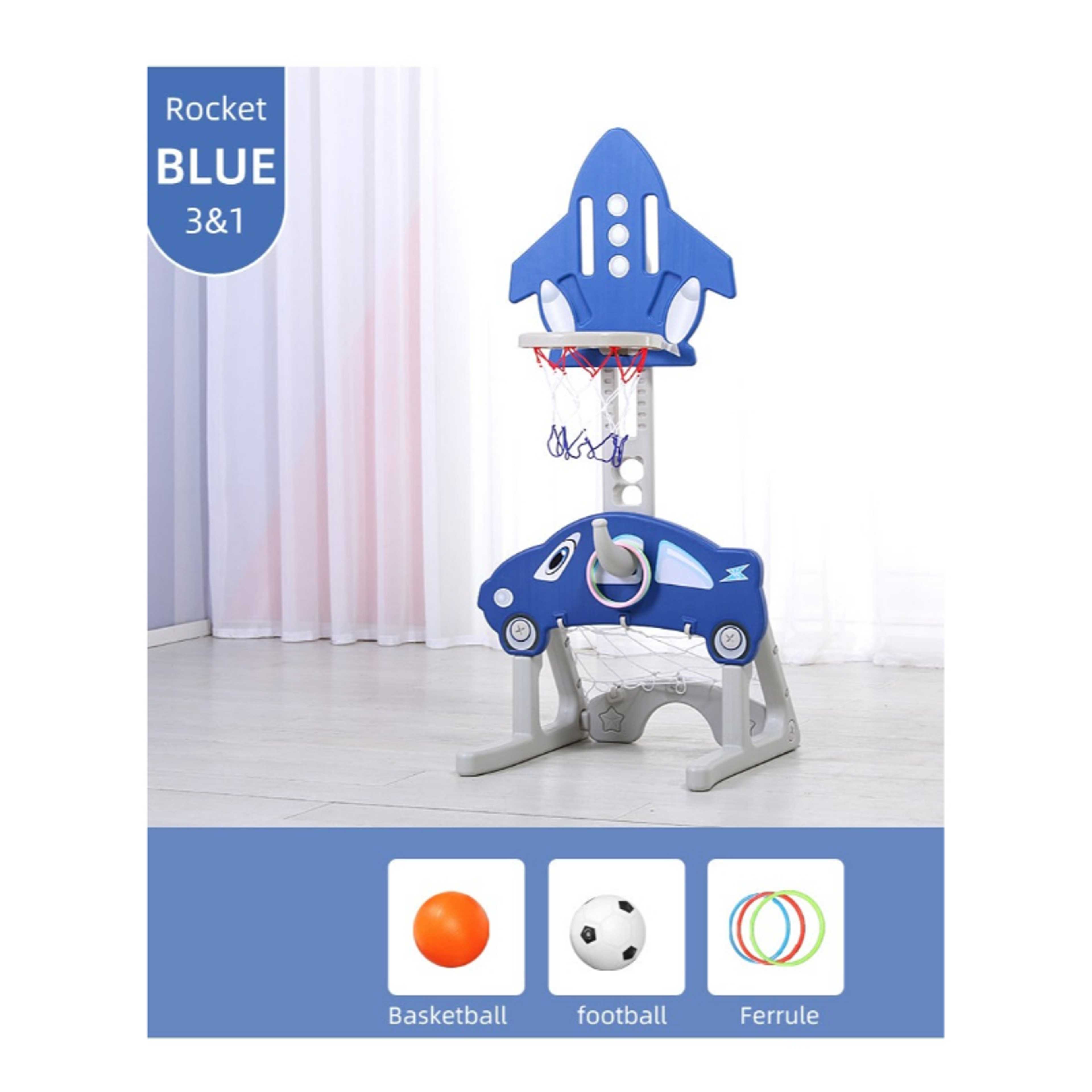 FULL JOY-3*1 Multifunctional Rocket-Shape Basketball Set Combines Basketball Game, Football Game, and Ring Toss Game ,Blue - Product Main Image