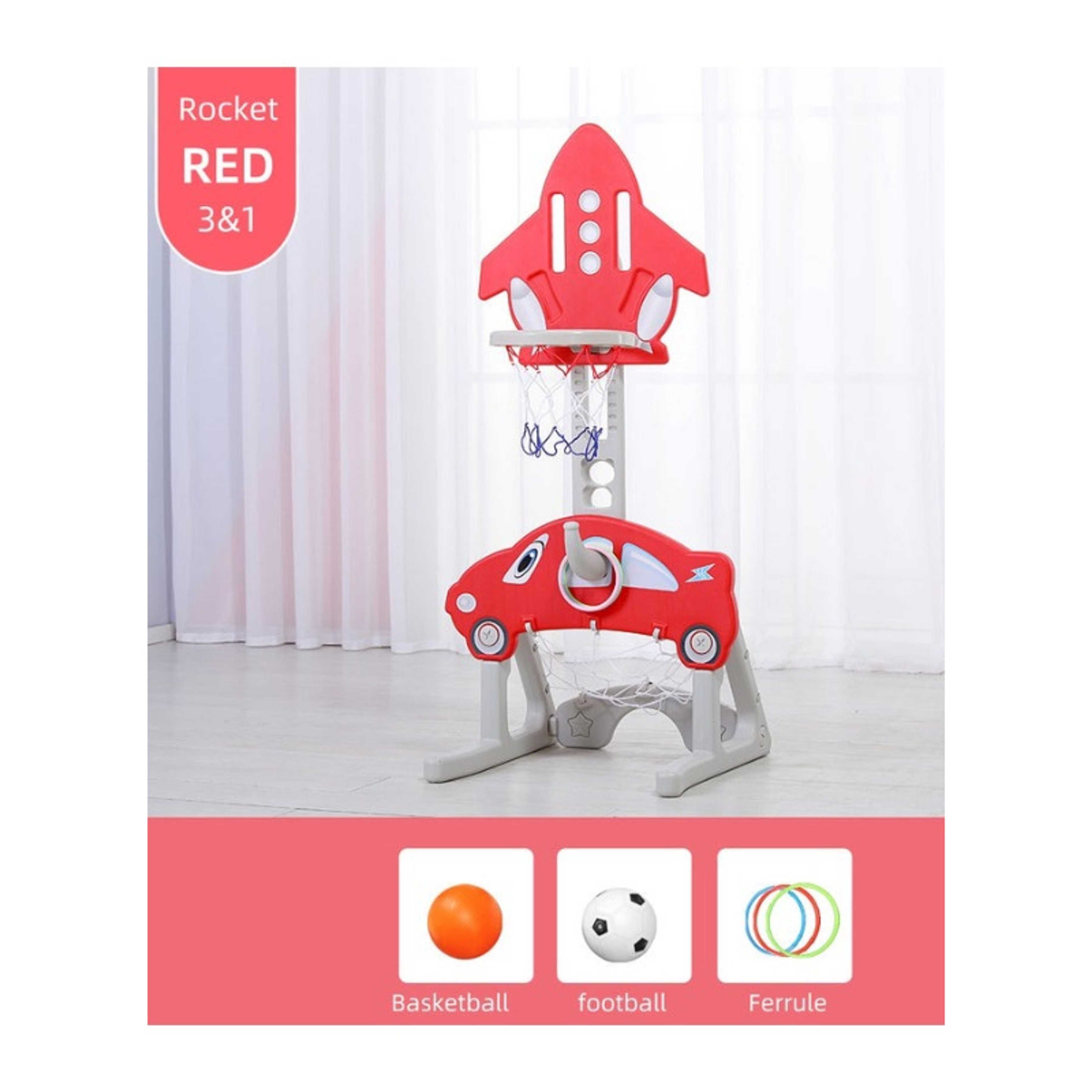 FULL JOY-3*1 Multifunctional Rocket-Shape Basketball Set Combines Basketball Game, Football Game, and Ring Toss Game ,Red - Product Main Image