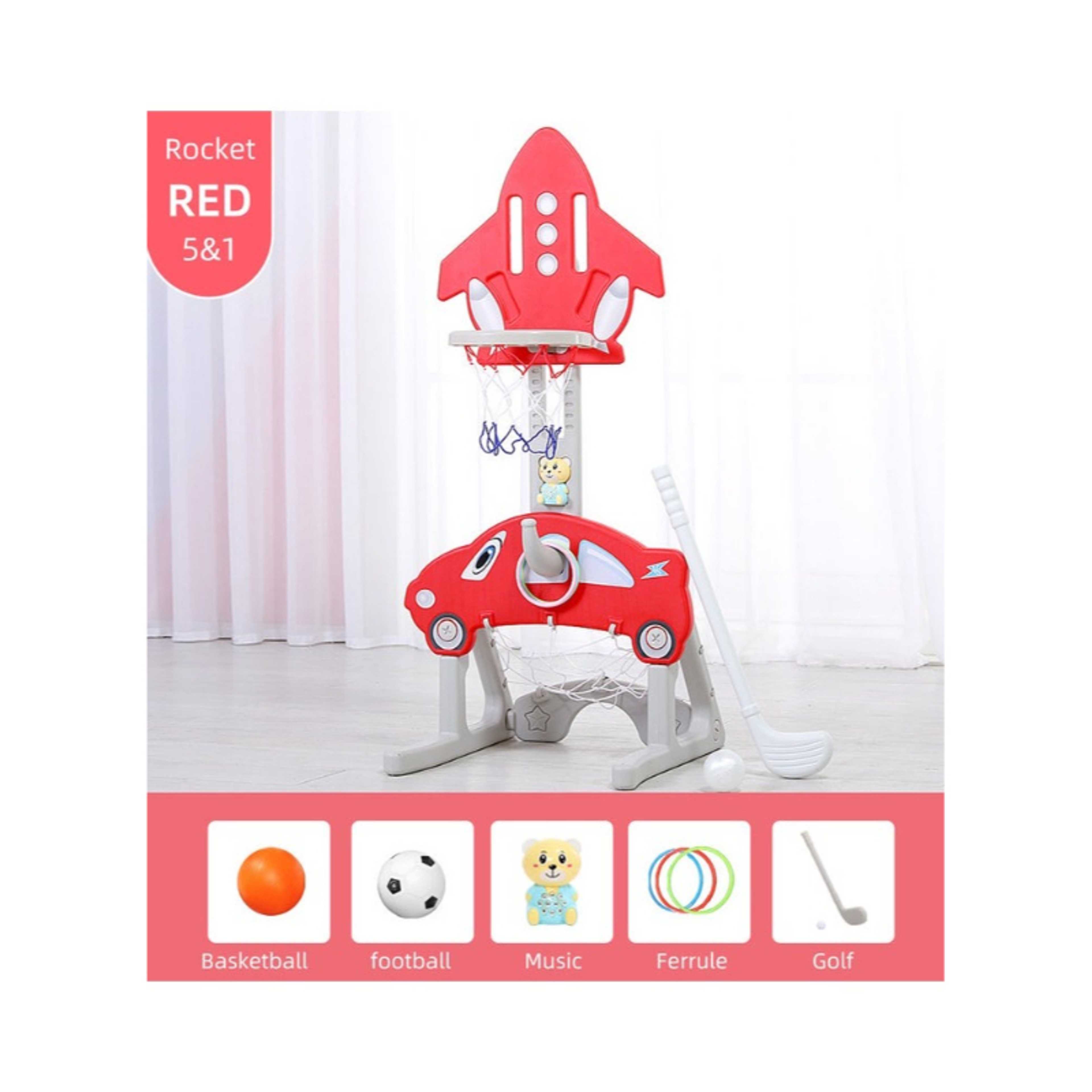 FULL JOY-5*1 Multifunctional Rocket Shape Basketball Set :Basketball, Soccer, Golf, Ring toss, Music ,Red - Product Main Image