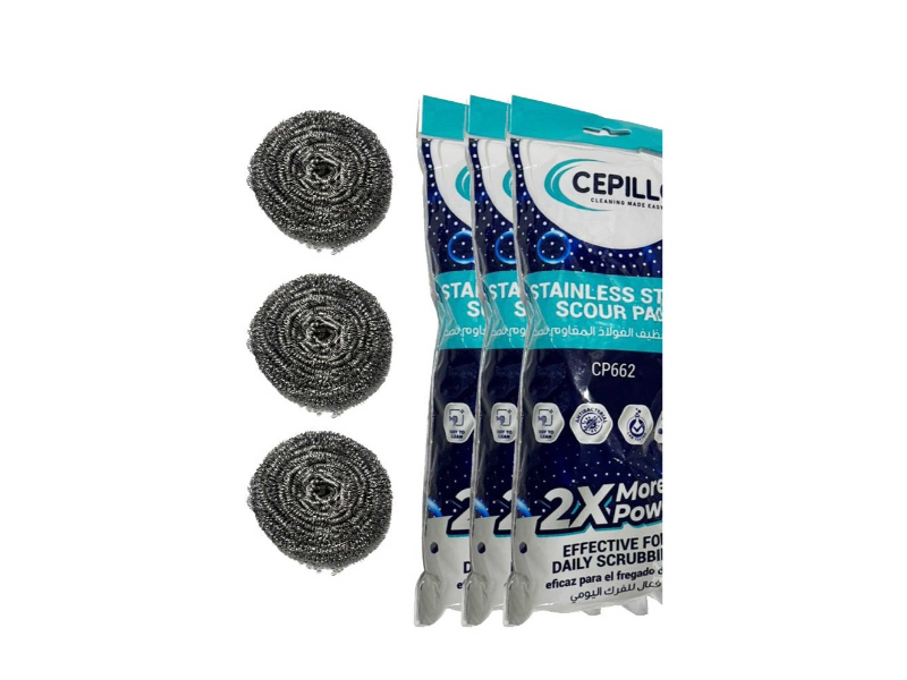 3pcs Stainless Steel Scrubber Scour Pad | Kitchen Scrubbers For Dishes | Household Surfaces | Ideal for Cast Iron Pans, Grills, Sinks, Bathroom | Cleaning Steel Wool Metal Scrubber - SILVER Set of 3 - Product Main Image