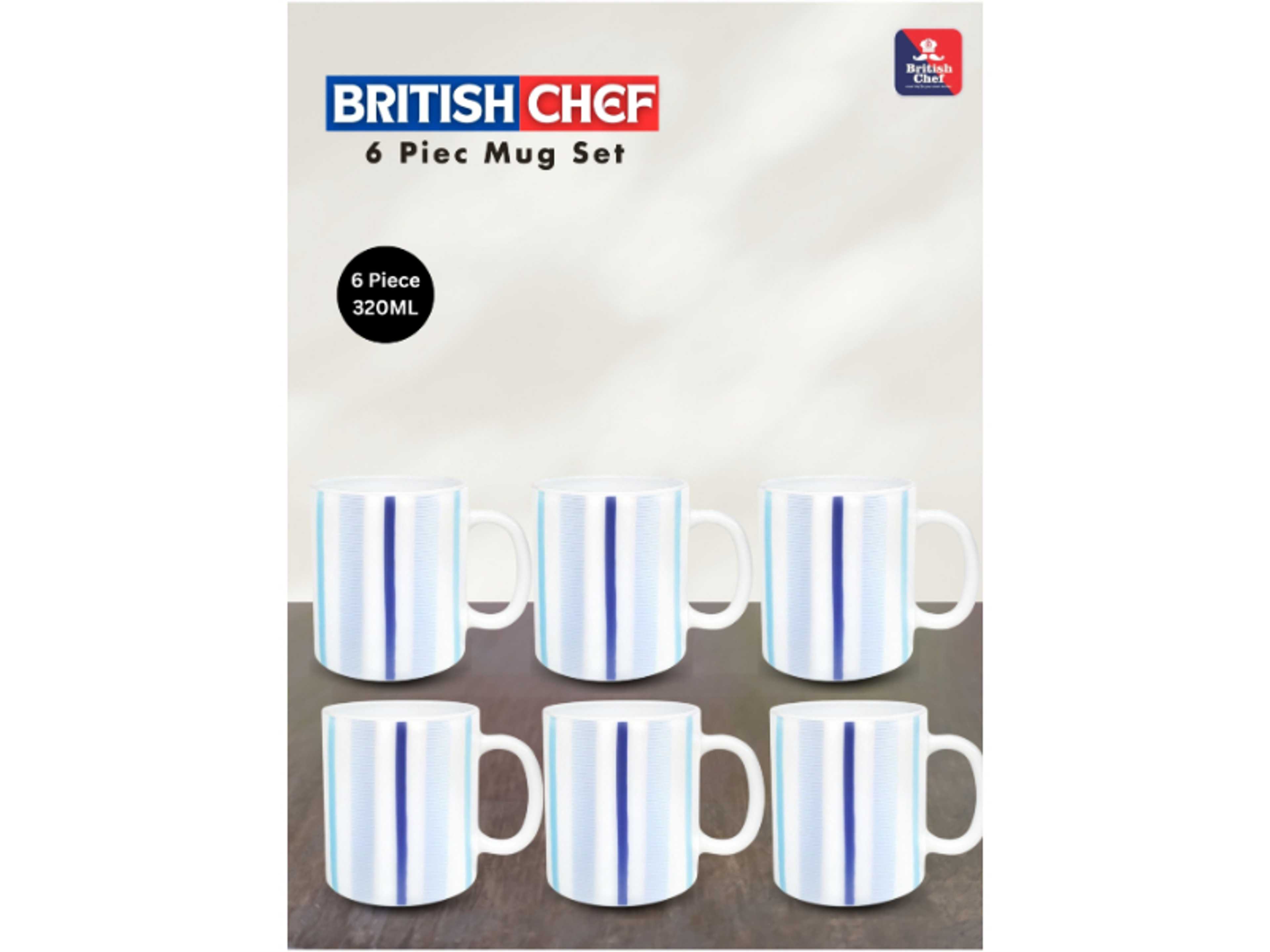 Blue Strip 6 Piece Opalware Plano  Tea & Coffee Mug Set 320ML |  Microwave & Dishwasher Safe | Freeze Resistant - Product Main Image