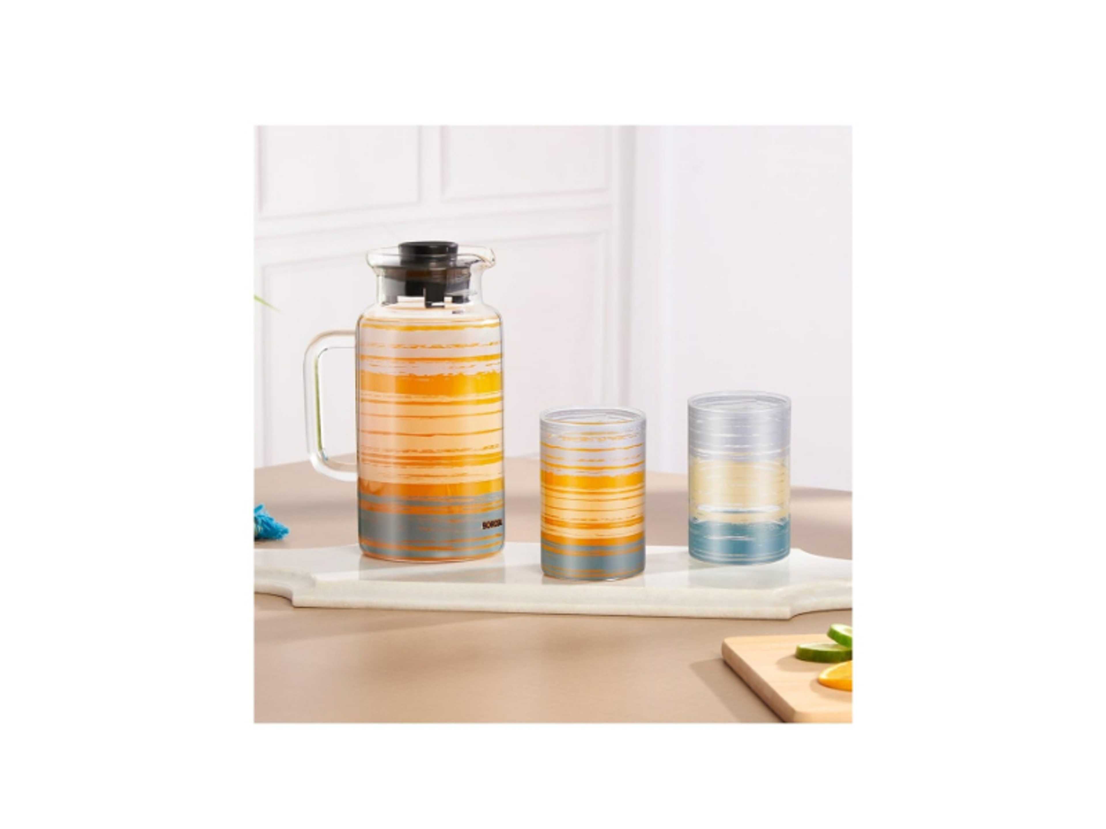 Glance 1L Borosilicate Multipurpose Jug With 4 Pc Set Of 295 Ml Vision Glass, Water Jug With Handle, Jug For Dining Table, Glass Pitcher, Transparent - Product Main Image