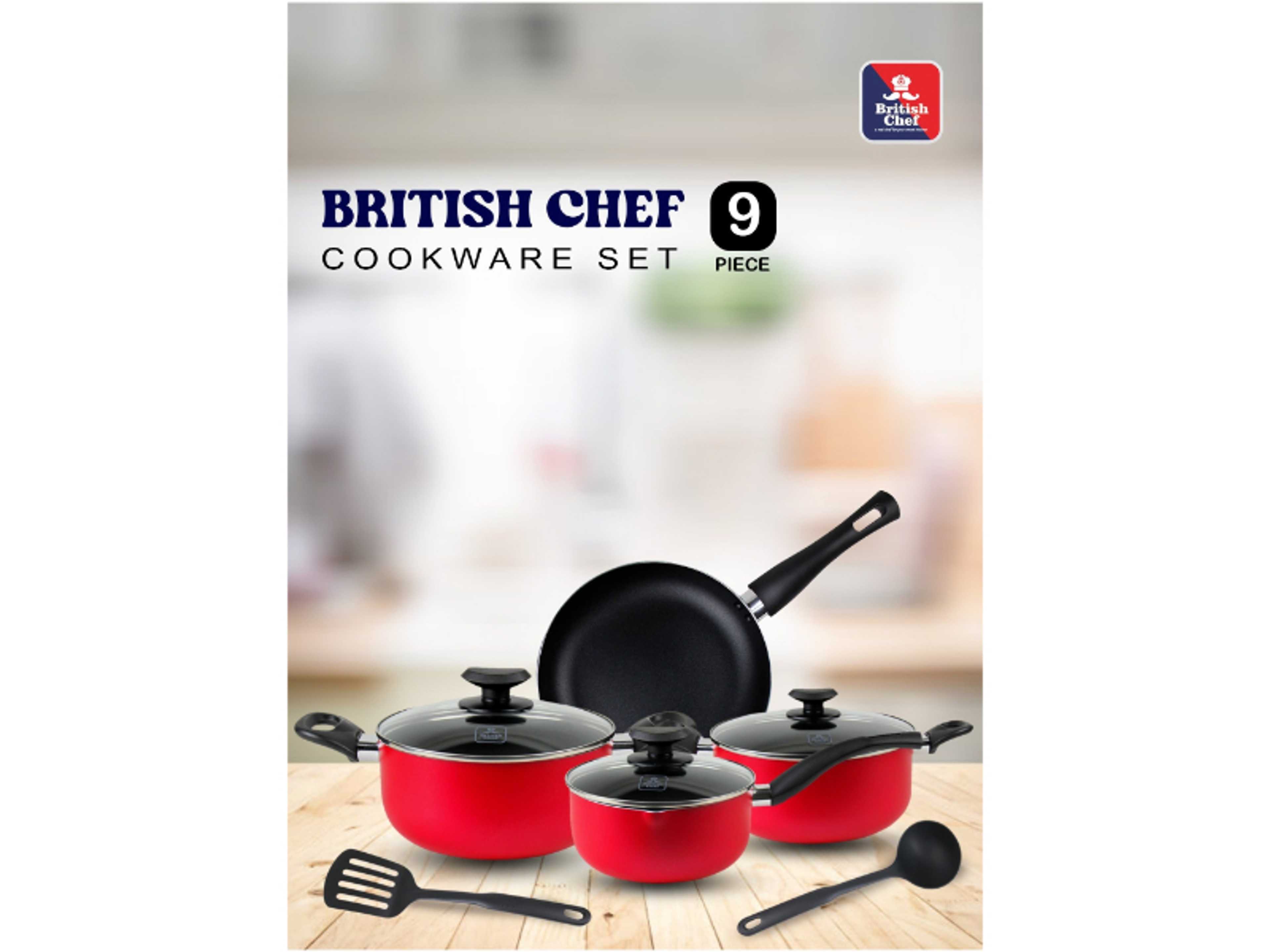 9 Piece Nonstick Cookware Set,  Casserole + Lid, Saucepan + Lid, frypan, Nylon Turner, Nylon Ladle - Product Main Image