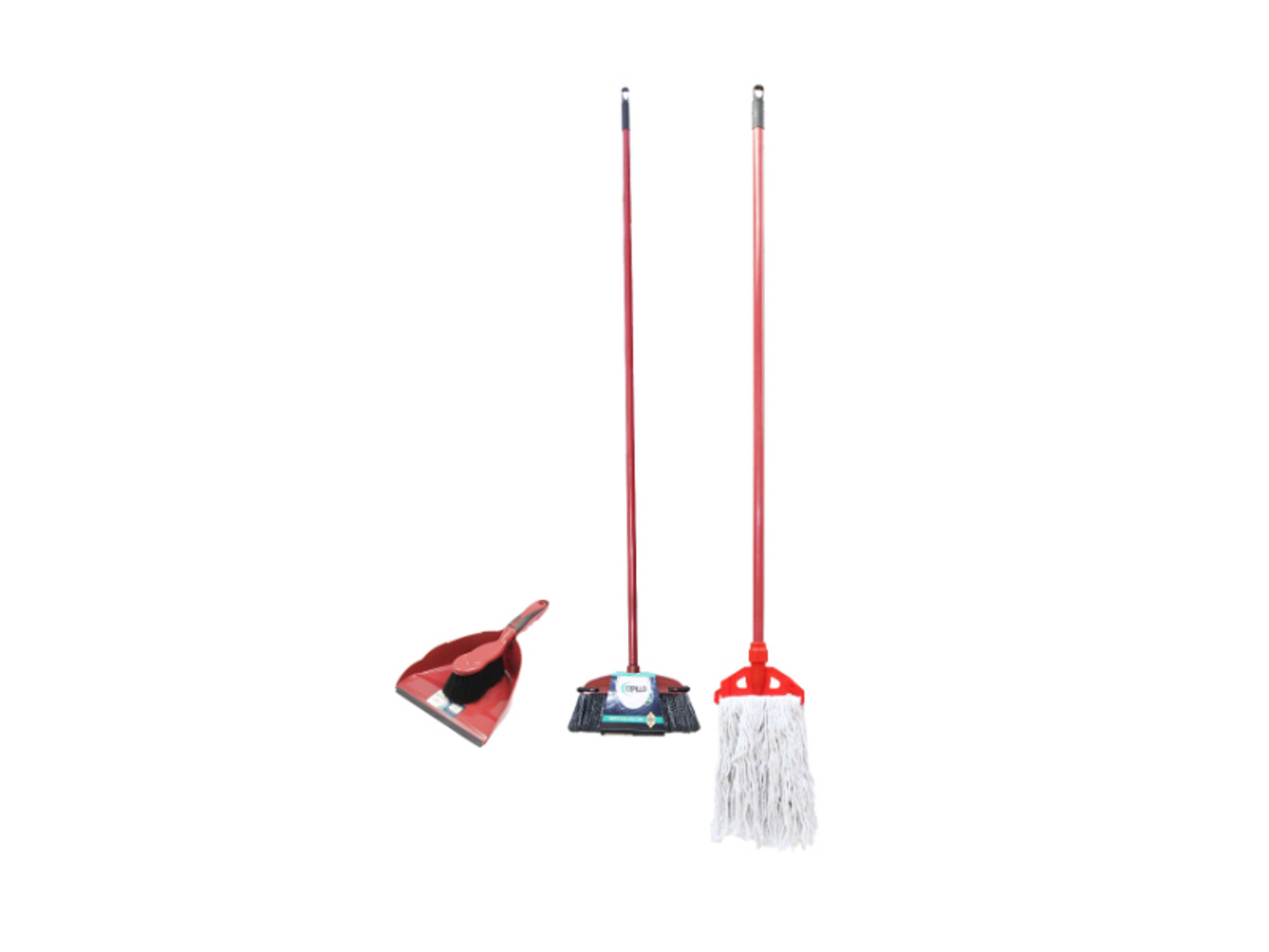 Long Handle Cleaning Broom brush +  Dustpan with broom +  Floor Cleaning Wet Mop Red/White, combo SET OF 3 - Product Main Image
