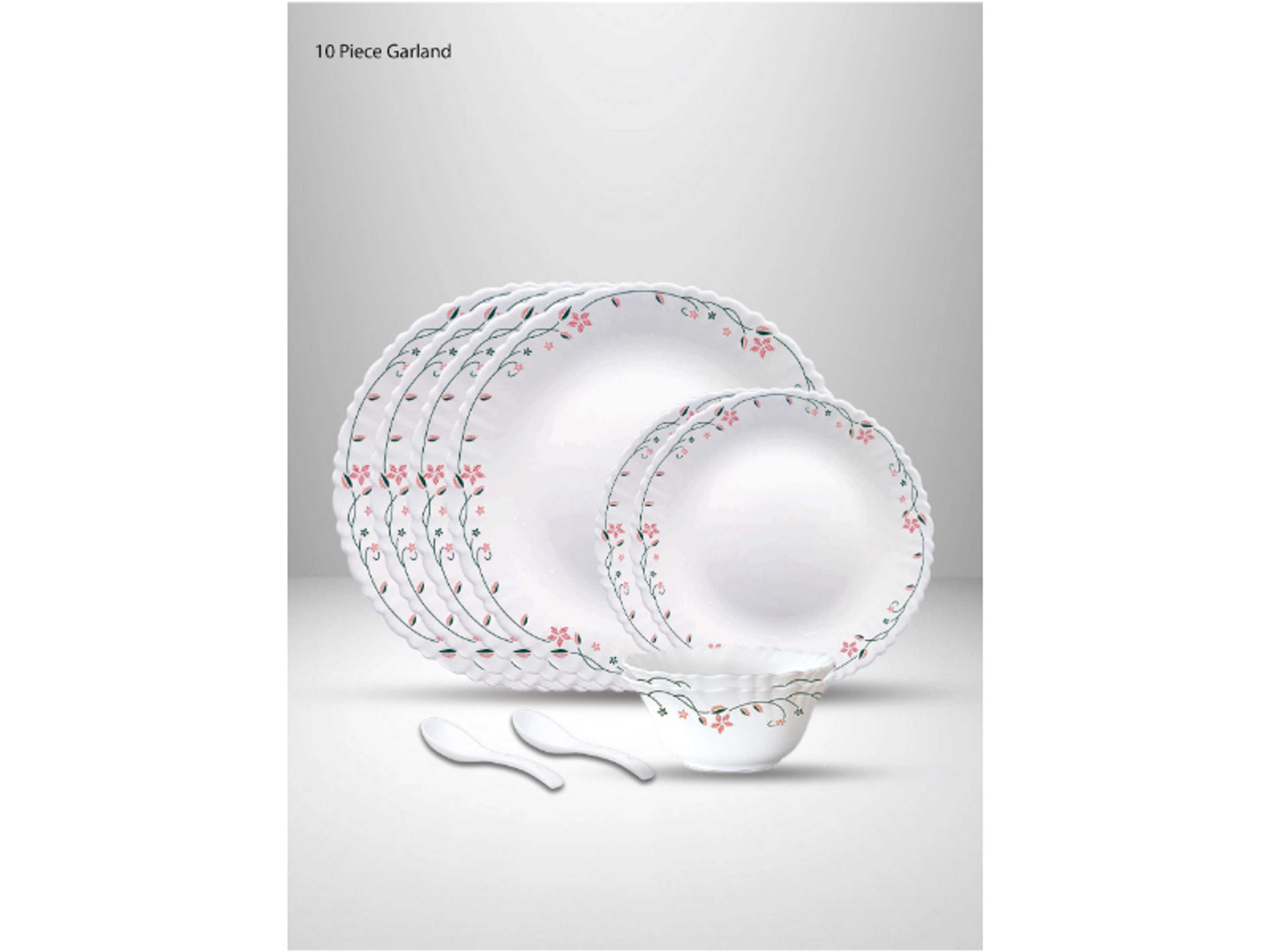 10 Pieces Opalware Dinner Set | Microwave & Dishwasher Safe | Garland Dinnerware set with 4-Piece Dinner Plate, 2-Piece Side Plate, 2-Piece Soup Bowl, 2-Piece Spoons-White - Product Main Image