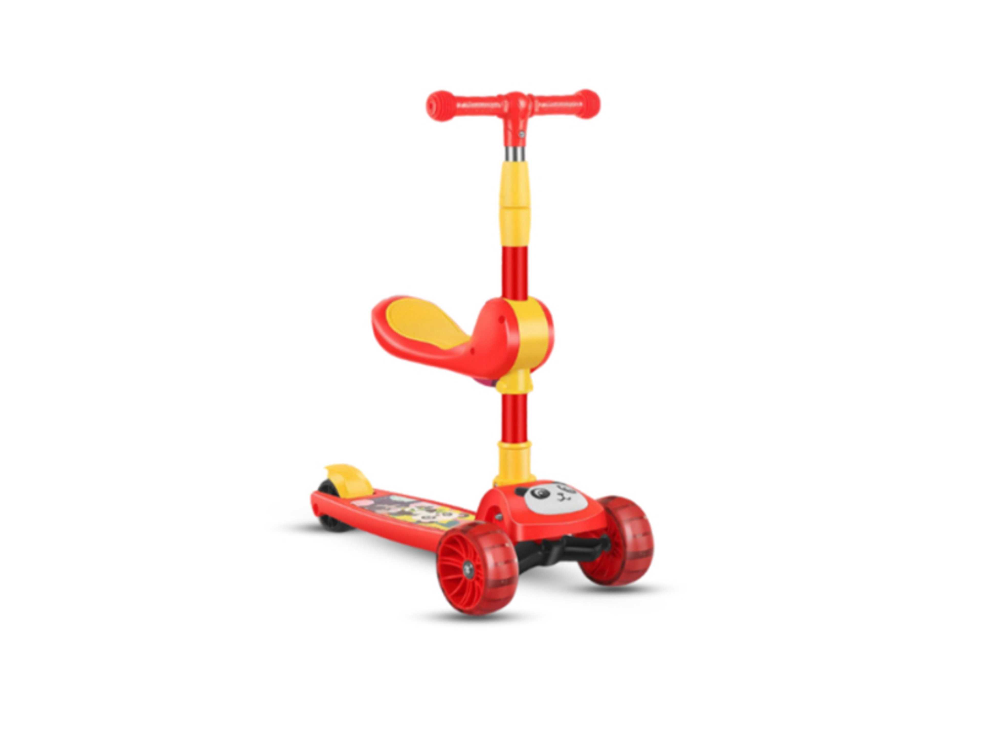 Panda 3 in 1 Kick Foldable Scooter for Kids with Music, LED Lights, Flashing light Wheels, Adjustable Height and Removable Seat,Anti-Slip Deck, Outdoor & indoor For Kids 3 to 8 years, Red - Product Main Image