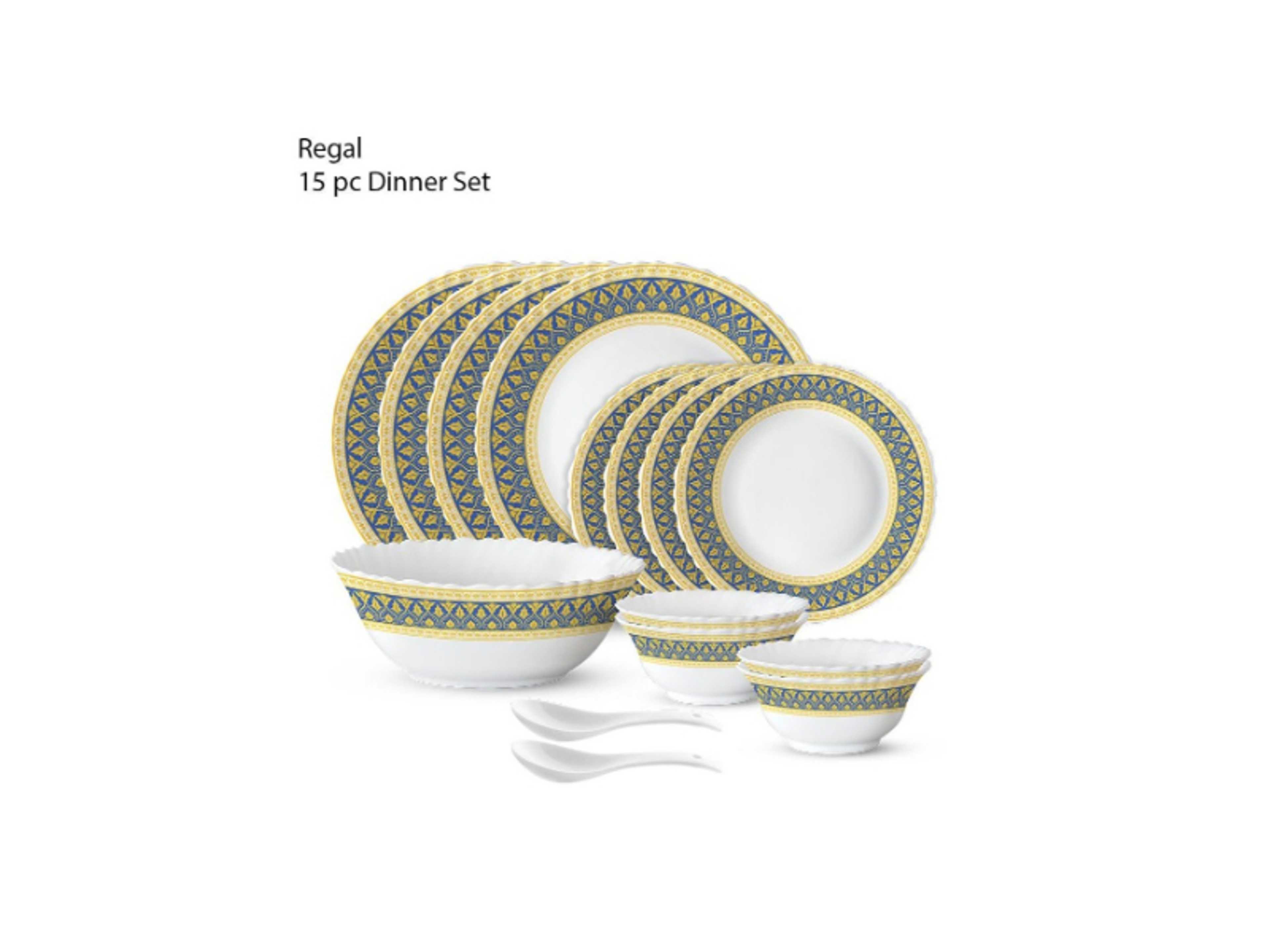 15 Piece Opalware Dinner Set | Microwave & Dishwasher Safe-Regal Dinnerware Set With 4 Piece Dinner Plates, 4 Pcs Side Plates, 1 Pcs Serving Bowls, 4 Pcs Veg Bowls, 2 Pcs Spoons | Chip & Scratch Resistant, White - Product Main Image