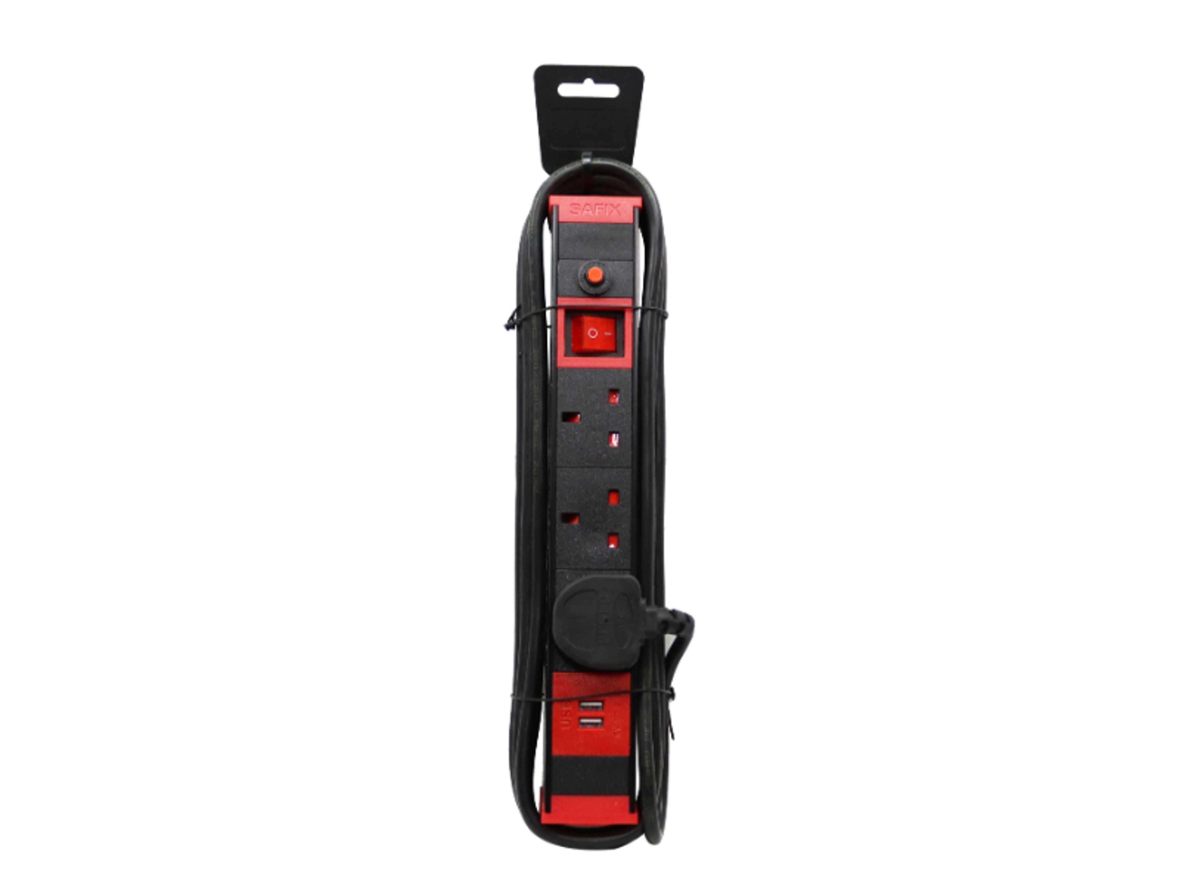 5 Yard Power Extension Cord, Multi plug with Fast USB charging slots, 3 Way power Strip and On Off Switch, Black Red, Saudi Made - Product Main Image