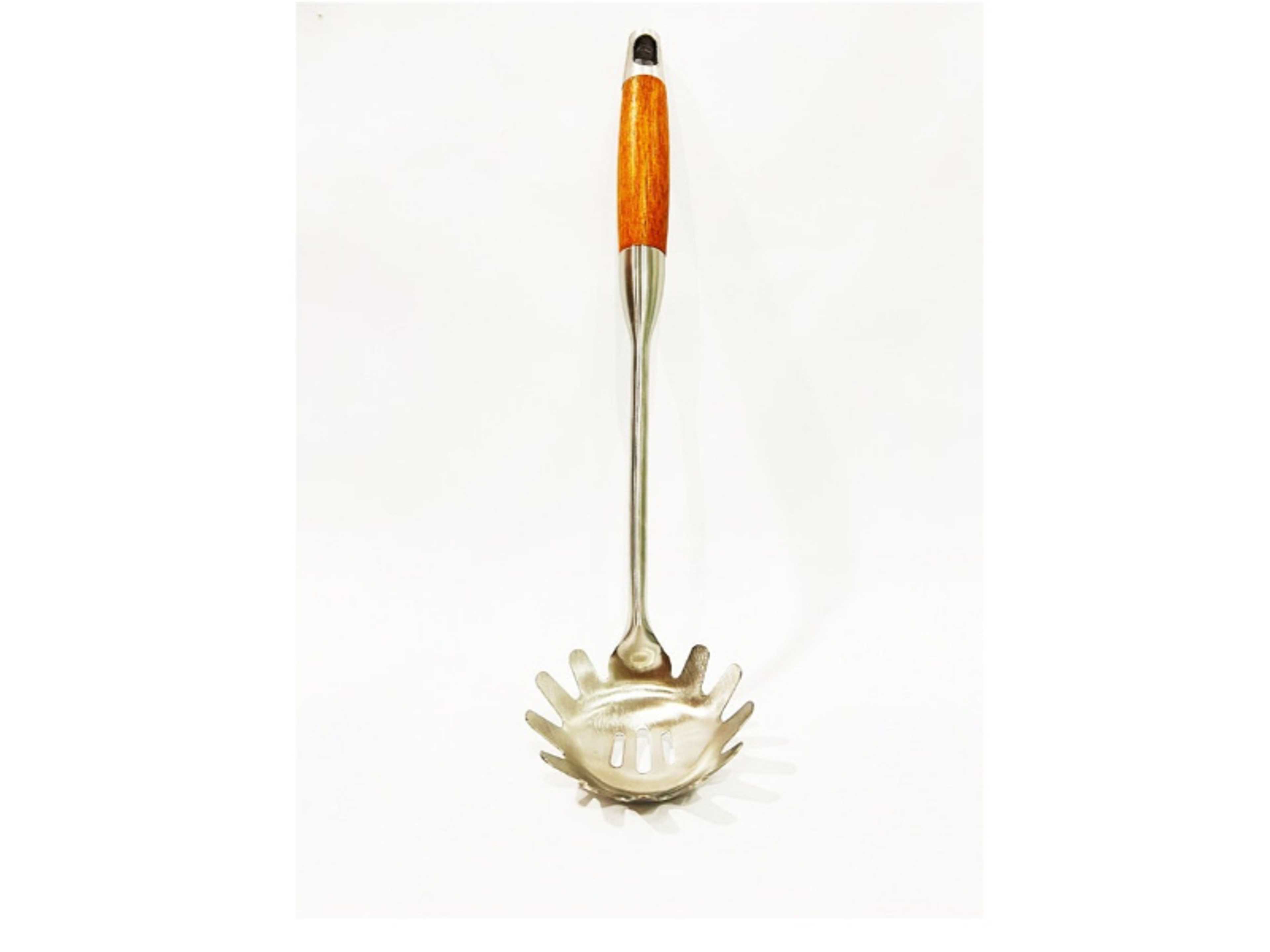 Stainless Steel Pasta Server | Wooden Handle | Pasta Spoon With Teeth | Long Handle Spaghetti Spoon/Fork/Ladle | Noodle and Pasta Spoon/Fork | BC317 - Product Main Image