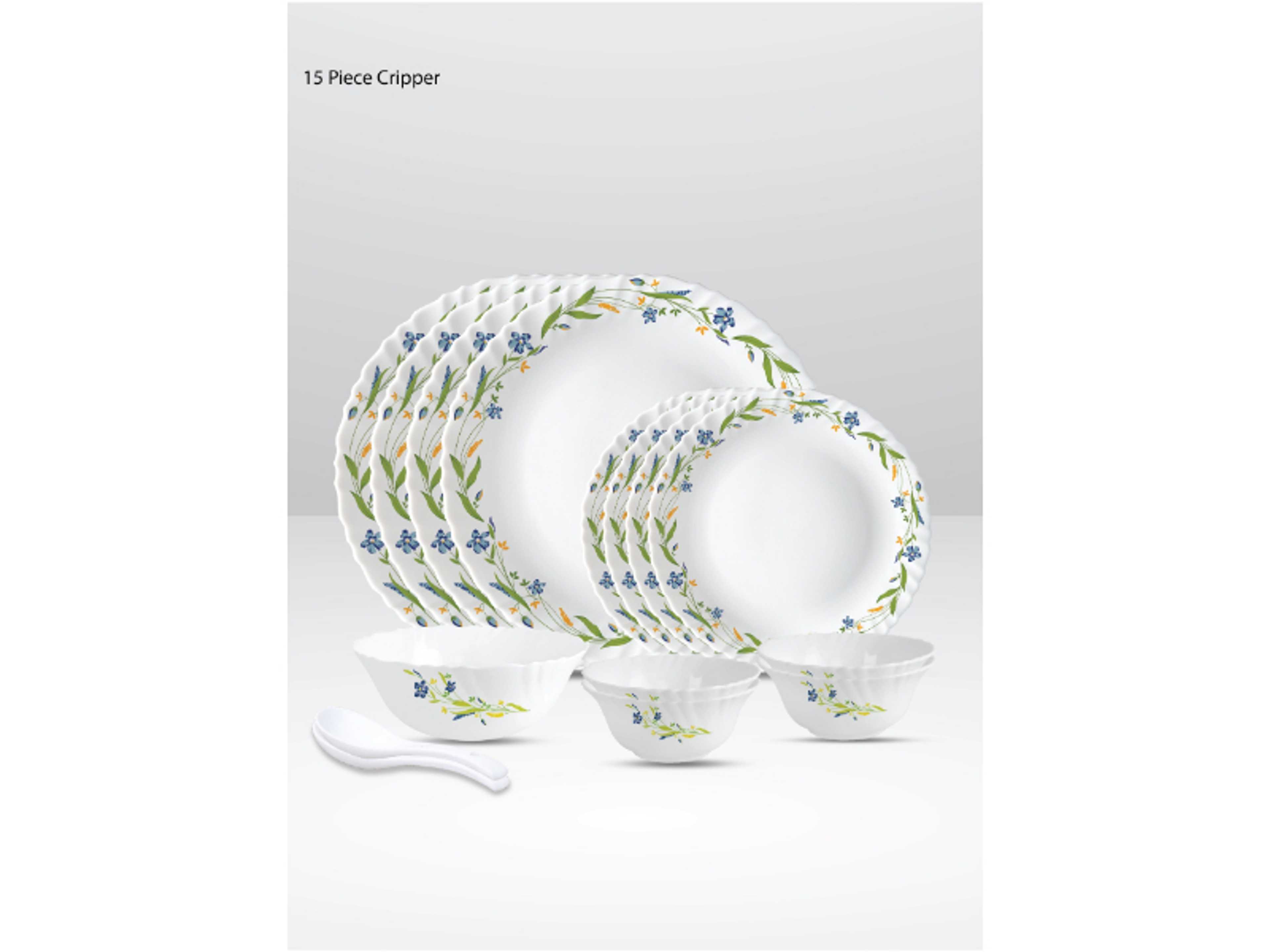 15 Pieces Opalware Dinner Set | Microwave & Dishwasher Safe | Cripper Dinnerware set with 4-Piece Dinner Plate, 4-Piece Side Plate, 1-Piece Serving Bowl, 4-Piece Veg Bowl, 2-Piece Spoons-White - Product Main Image