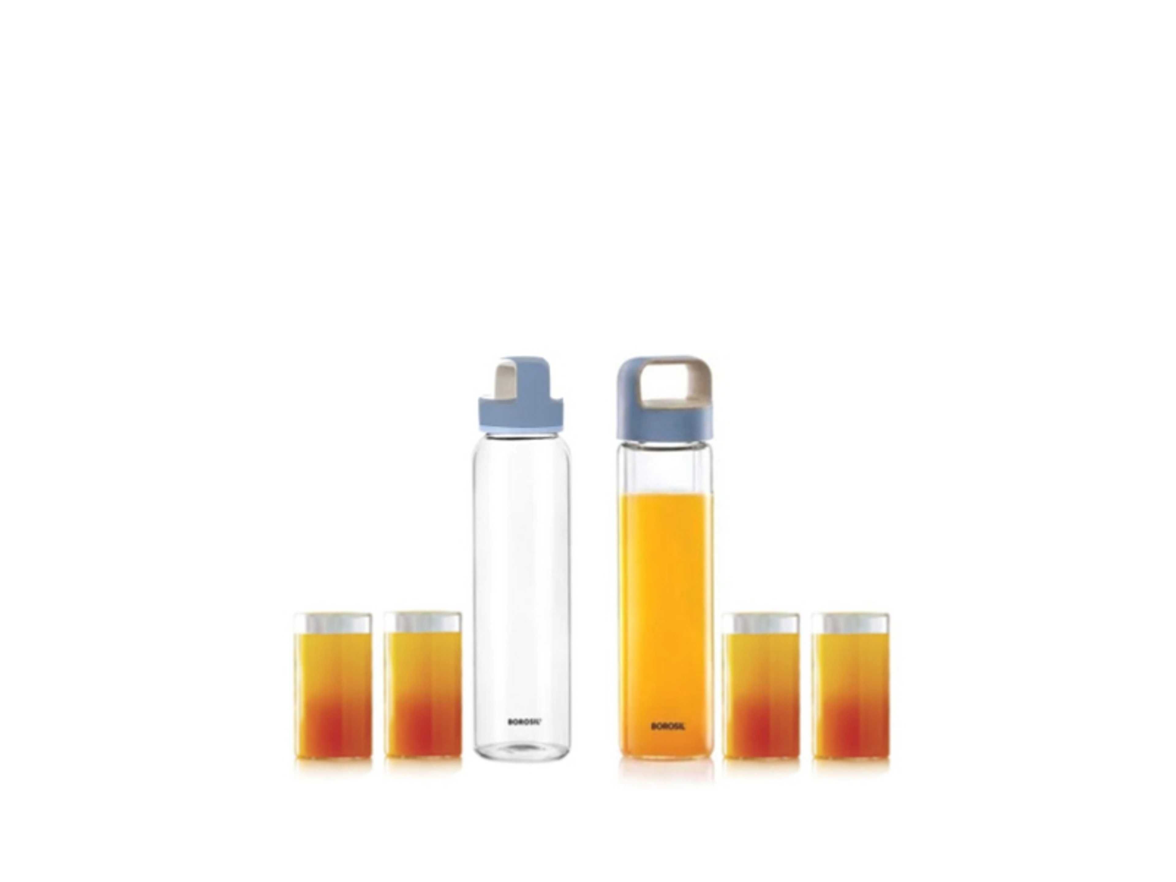 550 ml 2 Neo Glass Bottle With 295 ml 4 Medium Glass | Hydration Gift Set | Borosilicate Glass Water Bottle | Extreme Temperature Resistant For Hot & Cold Water | 4 Juice Glass Microwave Safe - Product Main Image