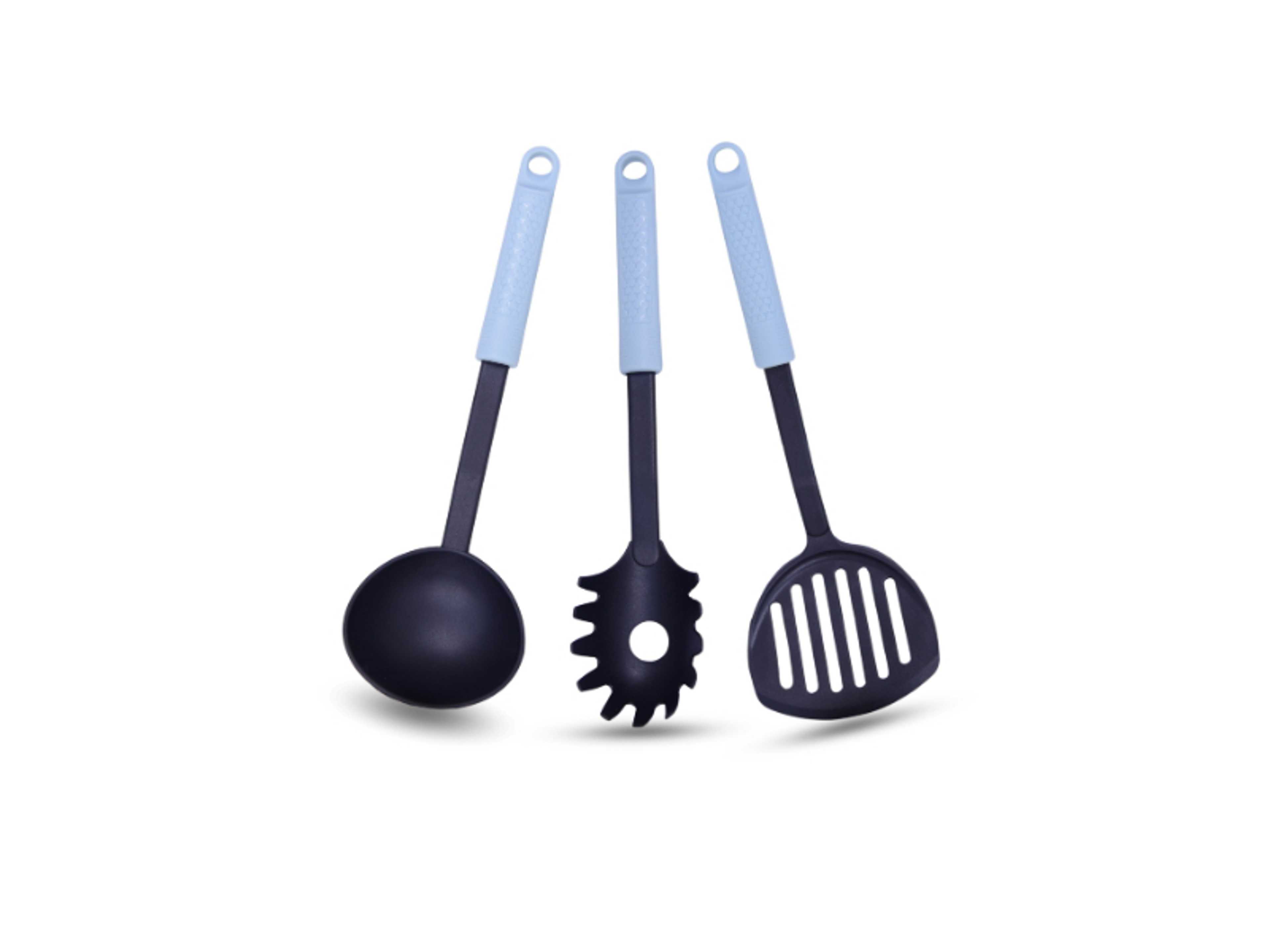 3-Piece Nylon Kitchen Utensil Spoon Set | Soup Ladle, Turner and Pasta Server Set | Heat Resistant Non-Stick with Soft Grip Ergonomic Handles | Baking or Cooking - Product Main Image