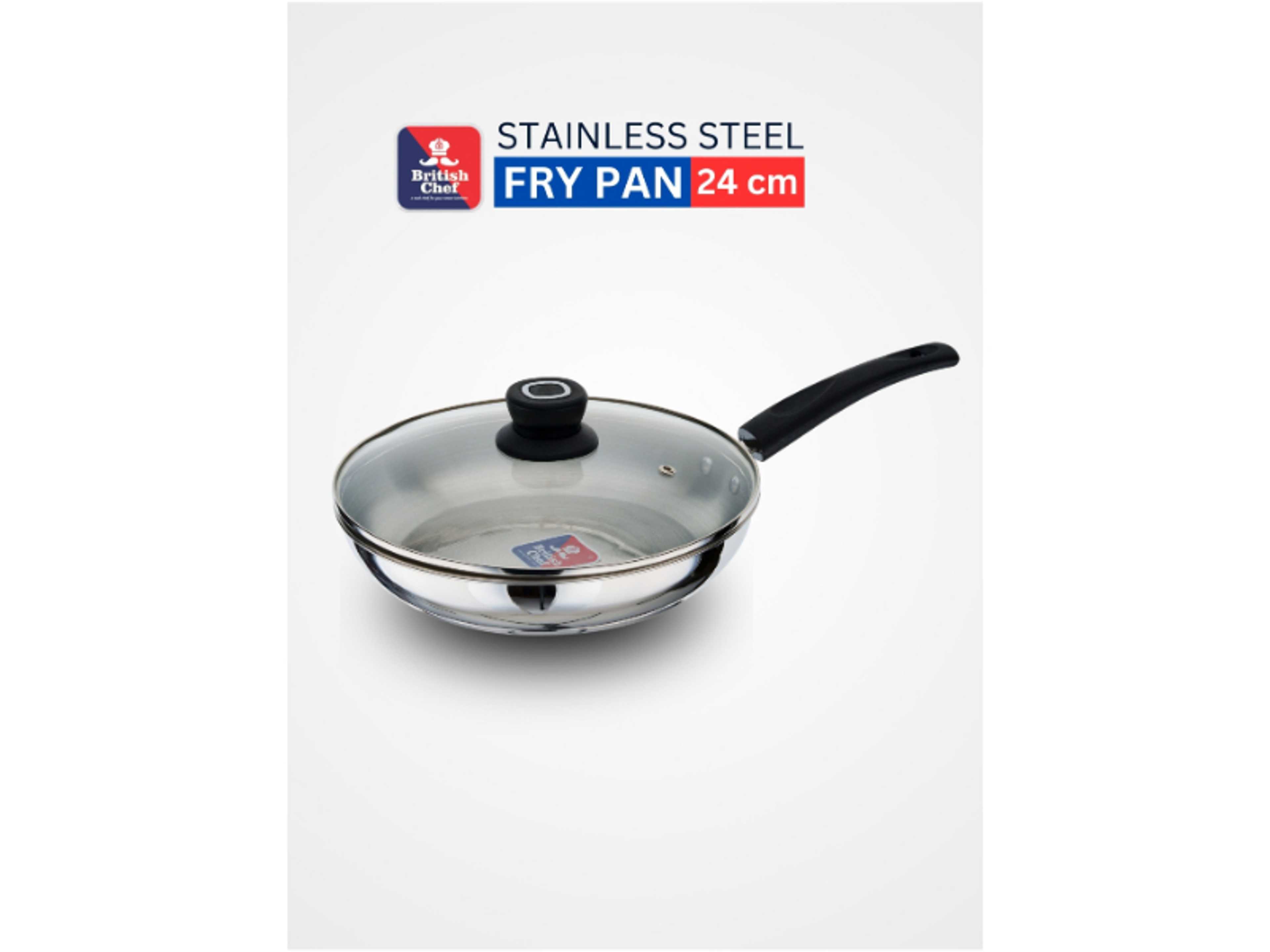 Stainless Steel Frying Pan with Glass Lid | 24cm Non-Stick Skillet | Induction & Gas Stove Compatible | Heat-Resistant Handle | Scratch-Resistant Cookware-BC183 - Product Main Image