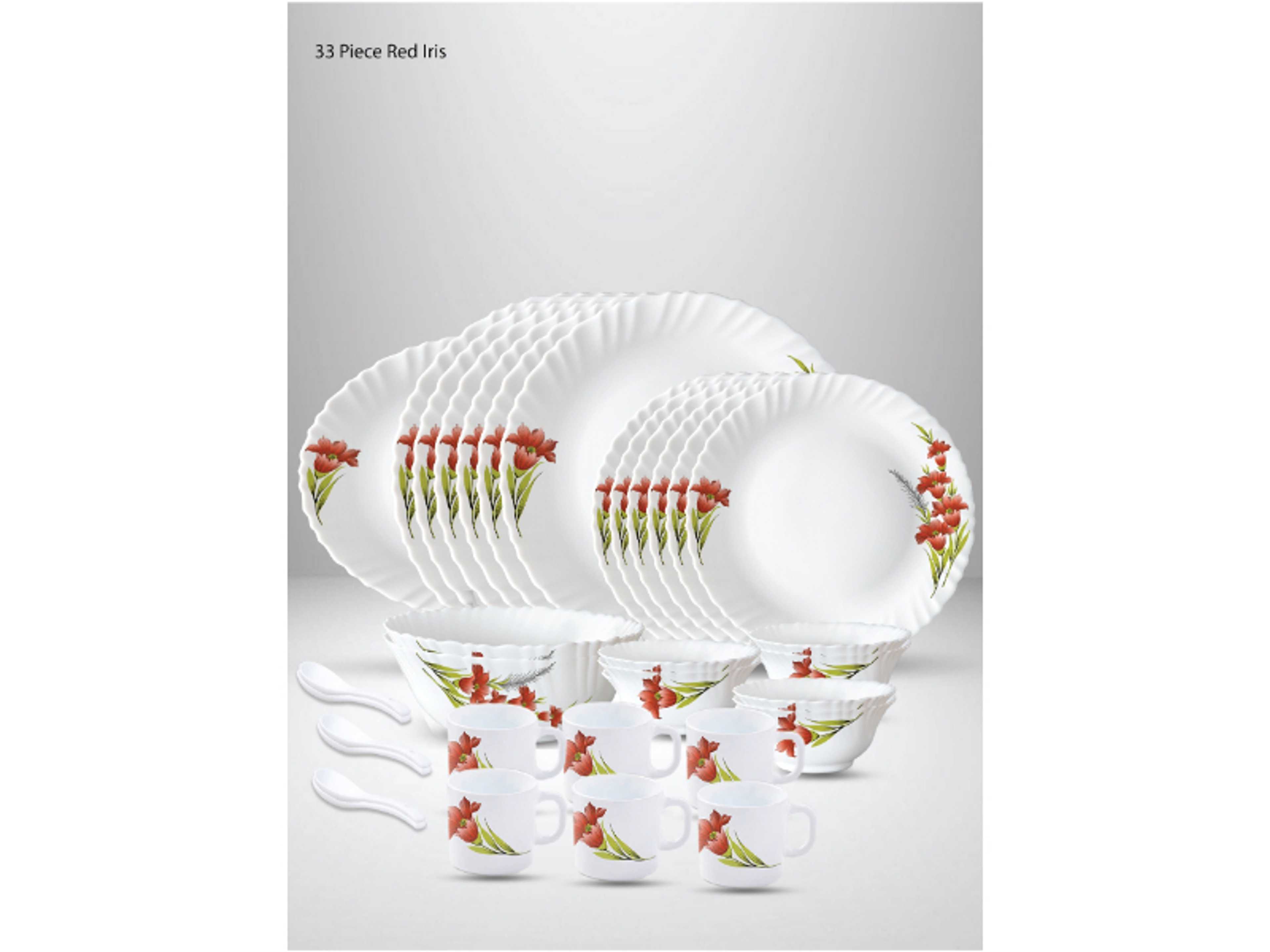 33 Pieces Opalware Dinner Set | Microwave & Dishwasher Safe | Red Iris Dinnerware set with 6-Piece Dinner Plate, 6-Piece Side Plate, 1- Piece Rice Plates, 2-Piece Serving Bowl, 6-Piece Soup Bowl, 6-Piece Mug, 6-Piece Spoons-White - Product Main Image