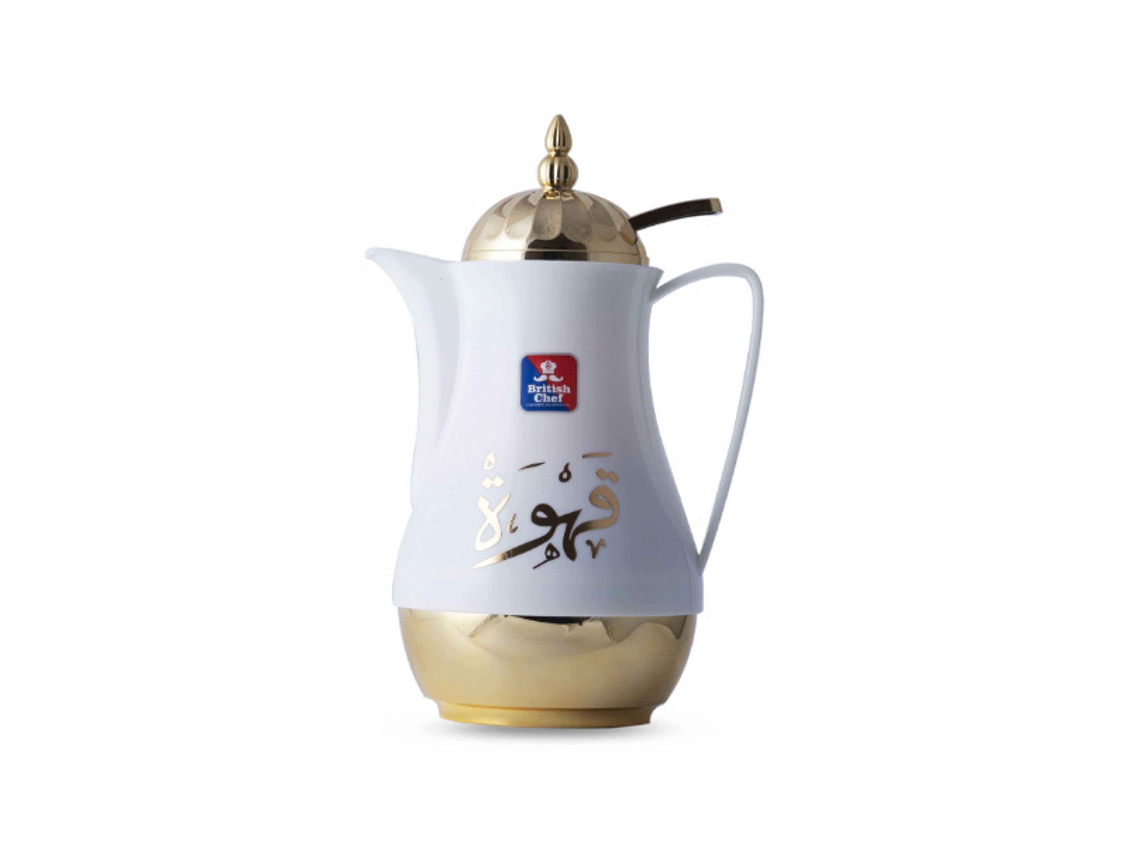 Tea & Cawa Vacuum Flask Thermos with Double Wall Glass liner Insulated for Keeping Hot/Cold Long Hour - 1L, White/Gold - Product Main Image