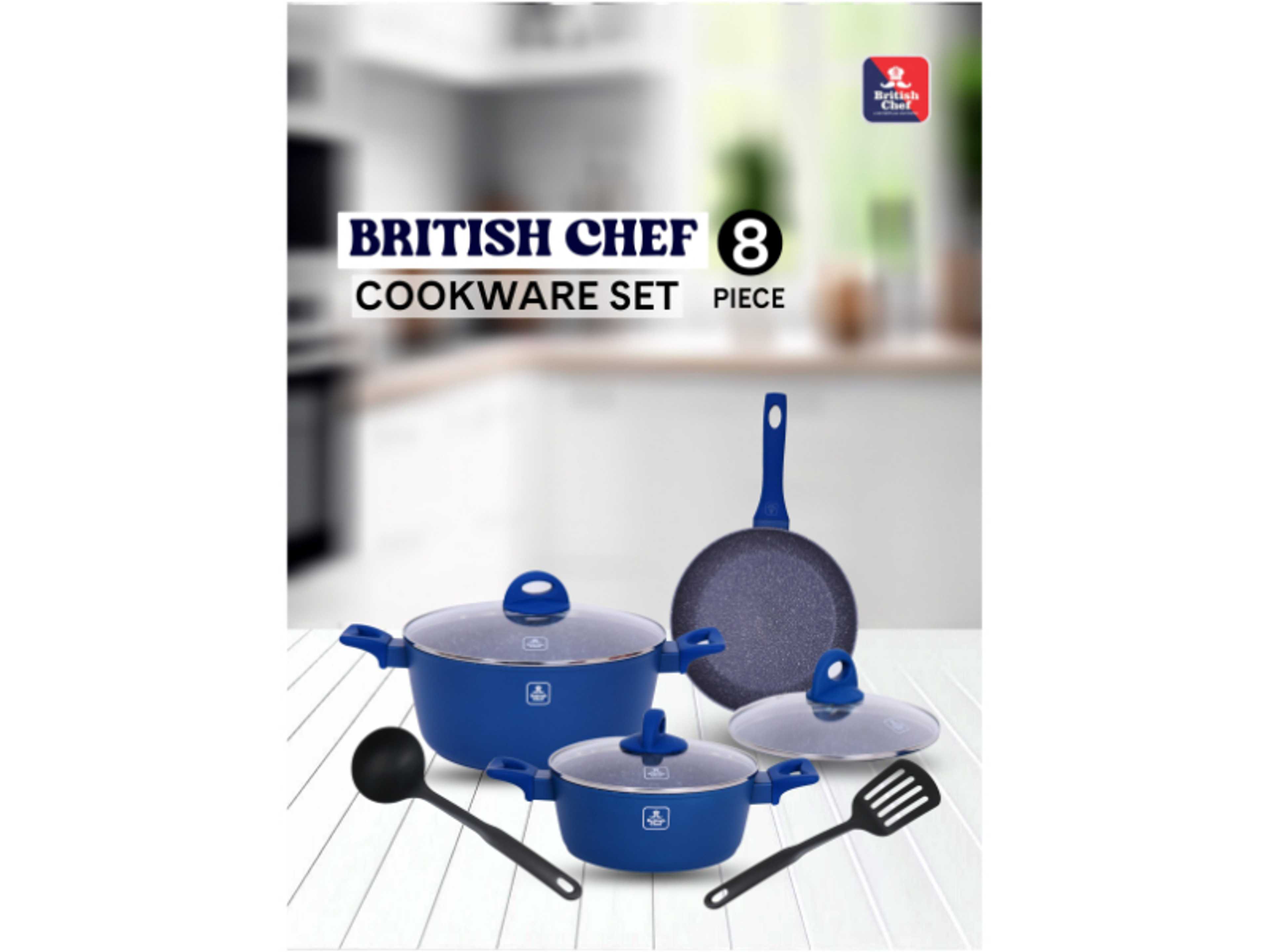 8 Piece Granite Cookware Set, Casserole With Lid, Frying Pan With Lid & Kitchen Tools, Blue - Product Main Image