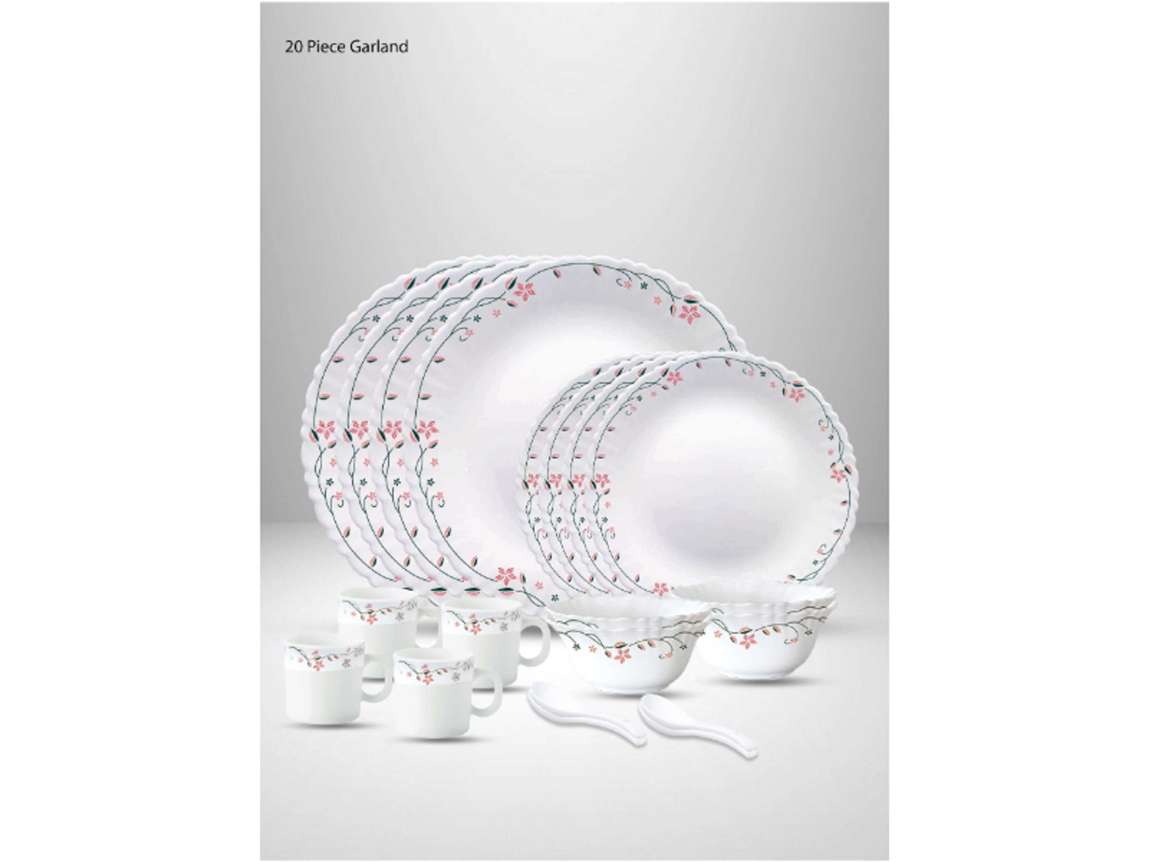 20 Pieces Opalware Dinner Set | Microwave & Dishwasher Safe | Garland Dinnerware set with 4-Piece Dinner Plate, 4-Piece Side Plate, 4-Piece Veg Bowl, 4-Piece Mug, 4-Piece Spoons-White - Product Main Image