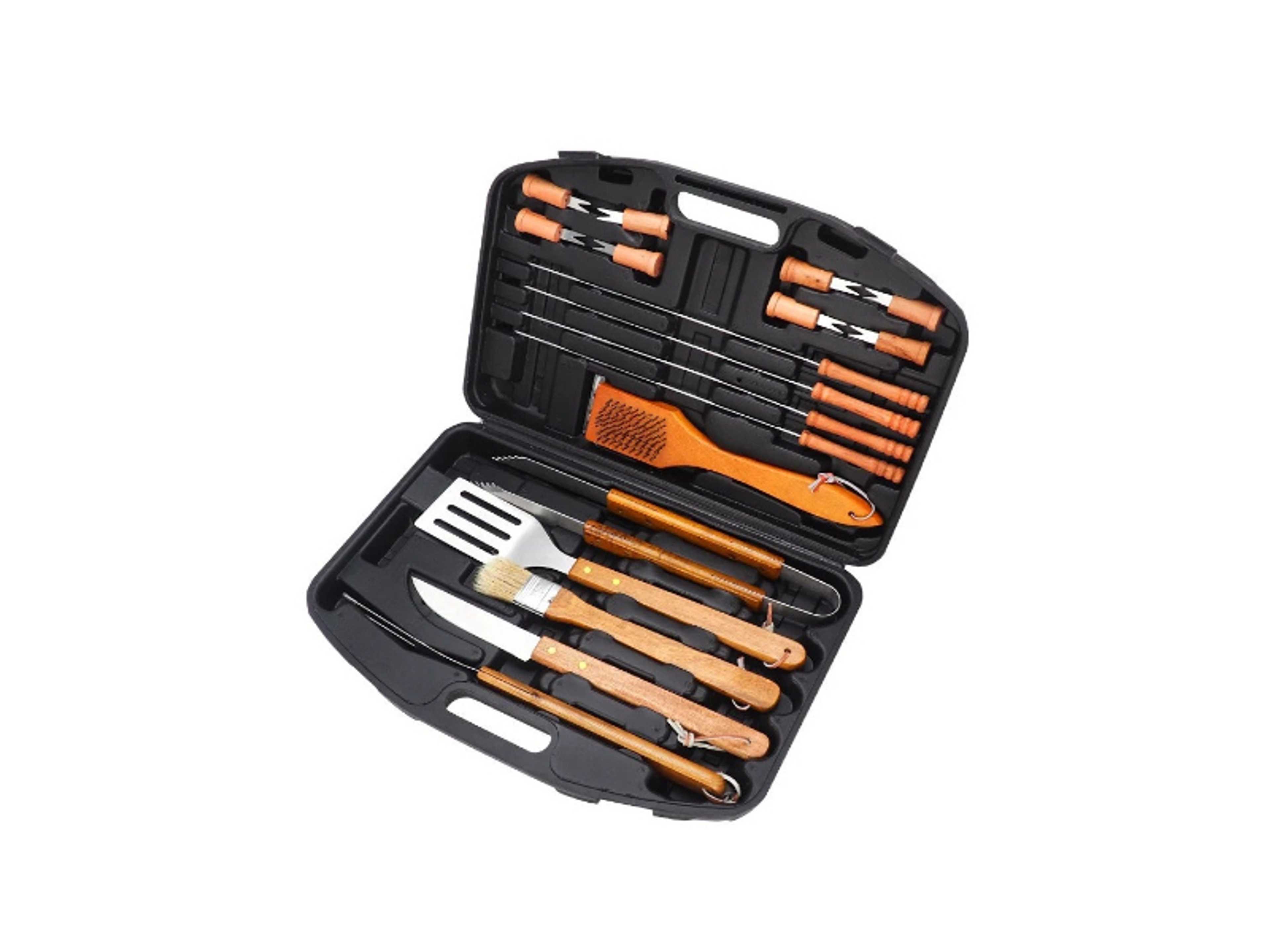 18 Pcs BBQ Tool Set | Stainless Steel Grill Accessories Set | Wooden Handle | Tool Set with Knife, Tongs, Spatula, Forks, Basting Brush, Sticks, Turner and Kit Box| Heavy Duty Barbecue Utensils| BC321 - Product Main Image