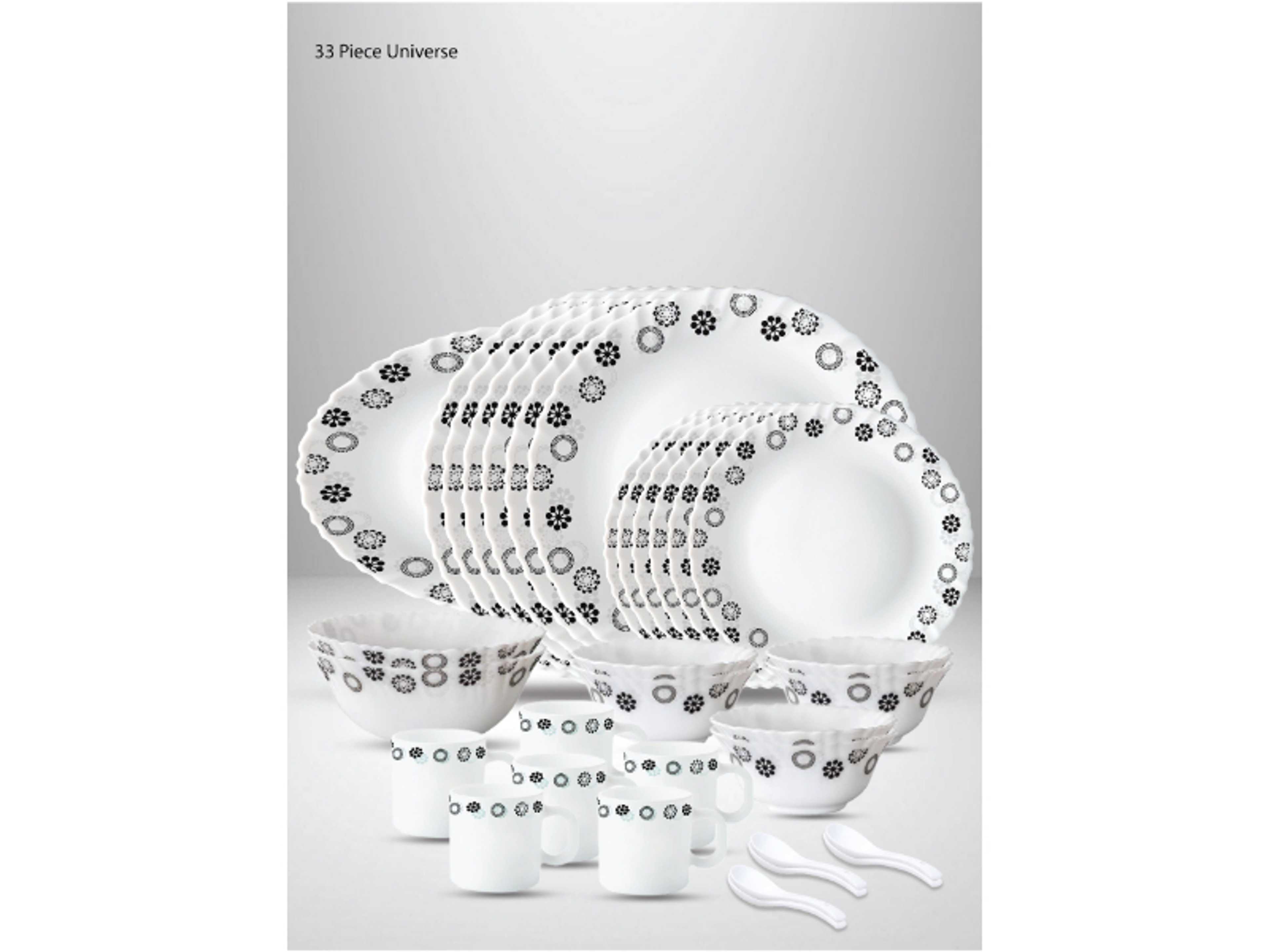 33 Pieces Opalware Dinner Set | Microwave & Dishwasher Safe | Universe Dinnerware set with 6-Piece Dinner Plate, 6-Piece Side Plate, 1- Piece Rice Plates, 2-Piece Serving Bowl, 6-Piece Soup Bowl, 6-Piece Mug, 6-Piece Spoons-White - Product Main Image