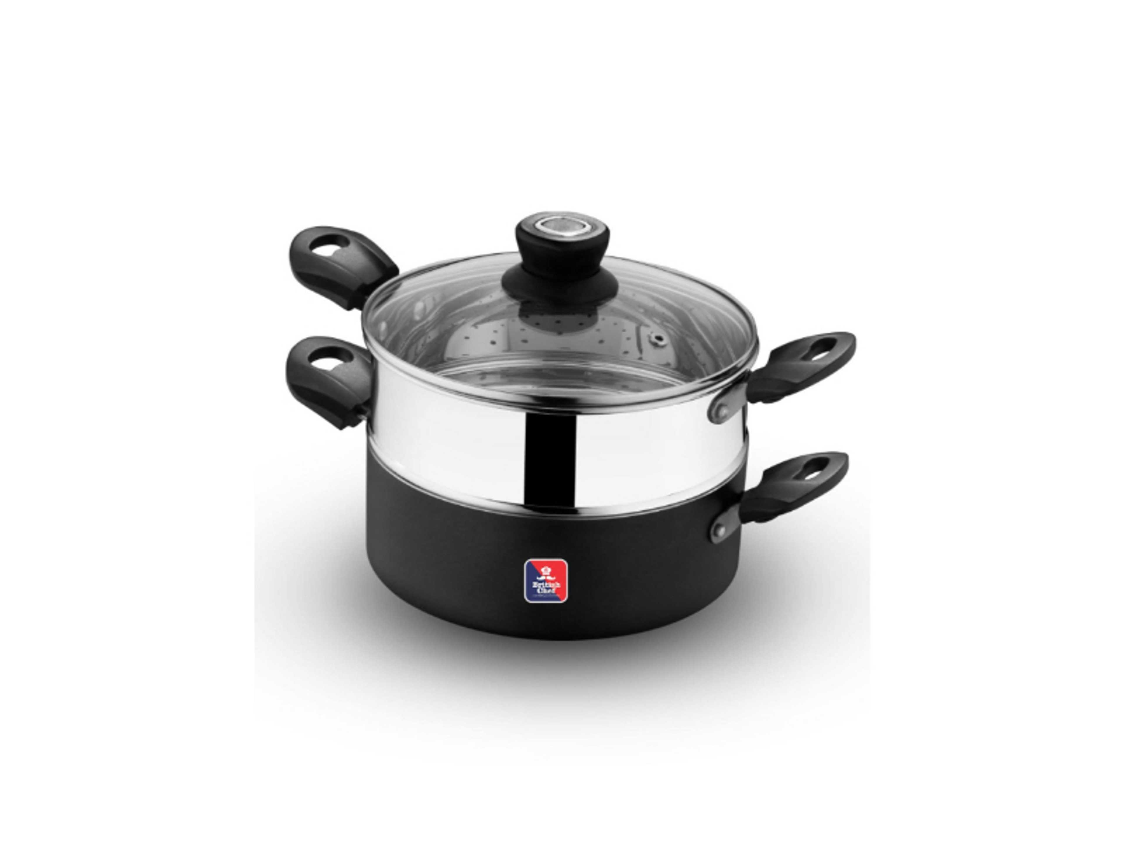 2 in 1 Cooking Pot With Glass Lid, 20cm Multi-Purpose Steamer & Cookware | Non-Stick Base | Stainless Steel Steamer Insert | Heat-Resistant Handles | Induction & Gas Stove Compatible - Product Main Image