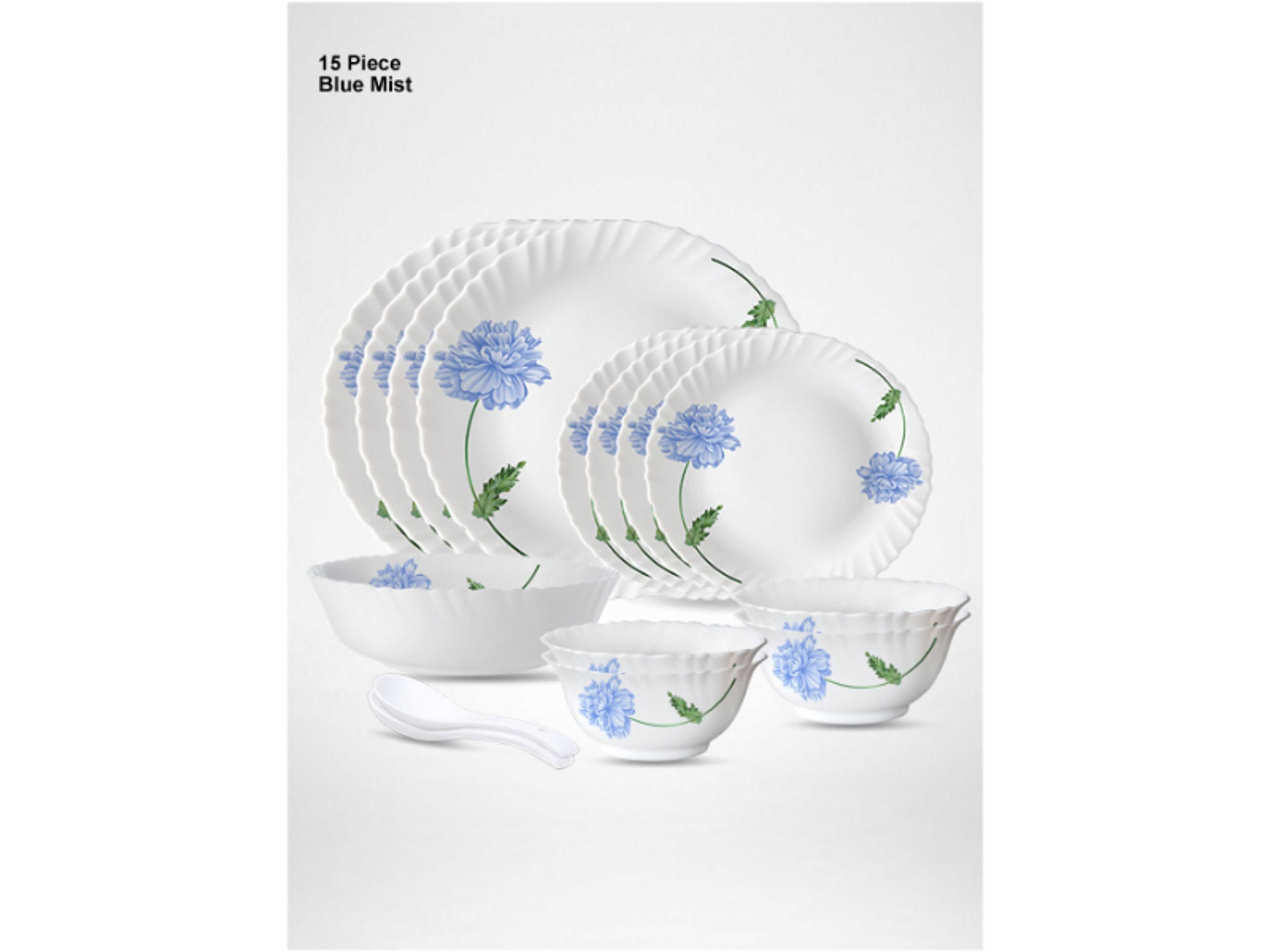 15 Pieces Opalware Dinner Set | Microwave & Dishwasher Safe | Blue Mist Dinnerware set with 4-Piece Dinner Plate, 4-Piece Side Plate, 1-Piece Serving Bowl, 4-Piece Veg Bowl, 2-Piece Spoons-White - Product Main Image