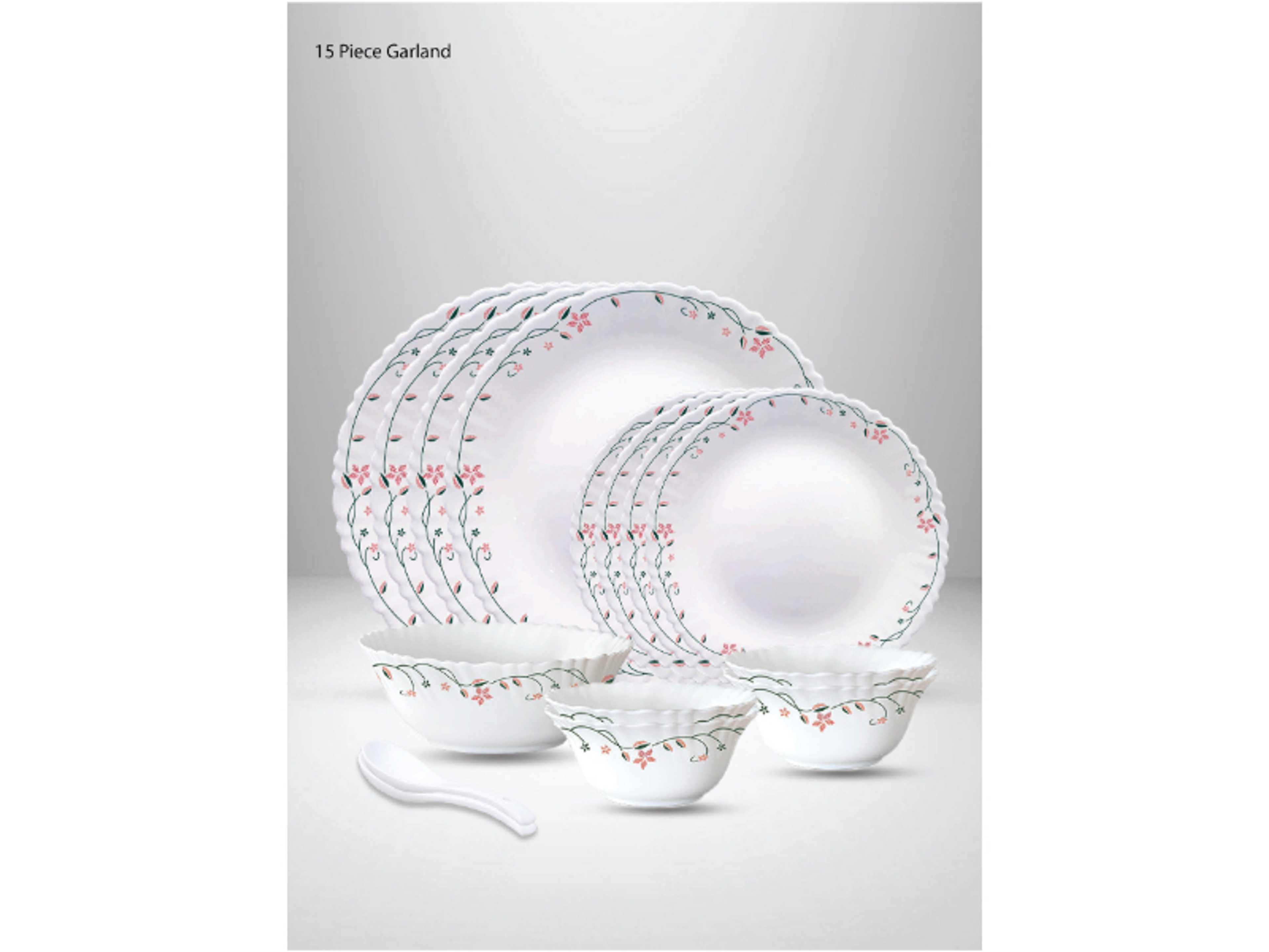 15 Pieces Opalware Dinner Set | Microwave & Dishwasher Safe | Garland Dinnerware set with 4-Piece Dinner Plate, 4-Piece Side Plate, 2-Piece Serving Bowl, 4-Piece Veg Bowl, 2-Piece Spoons-White - Product Main Image