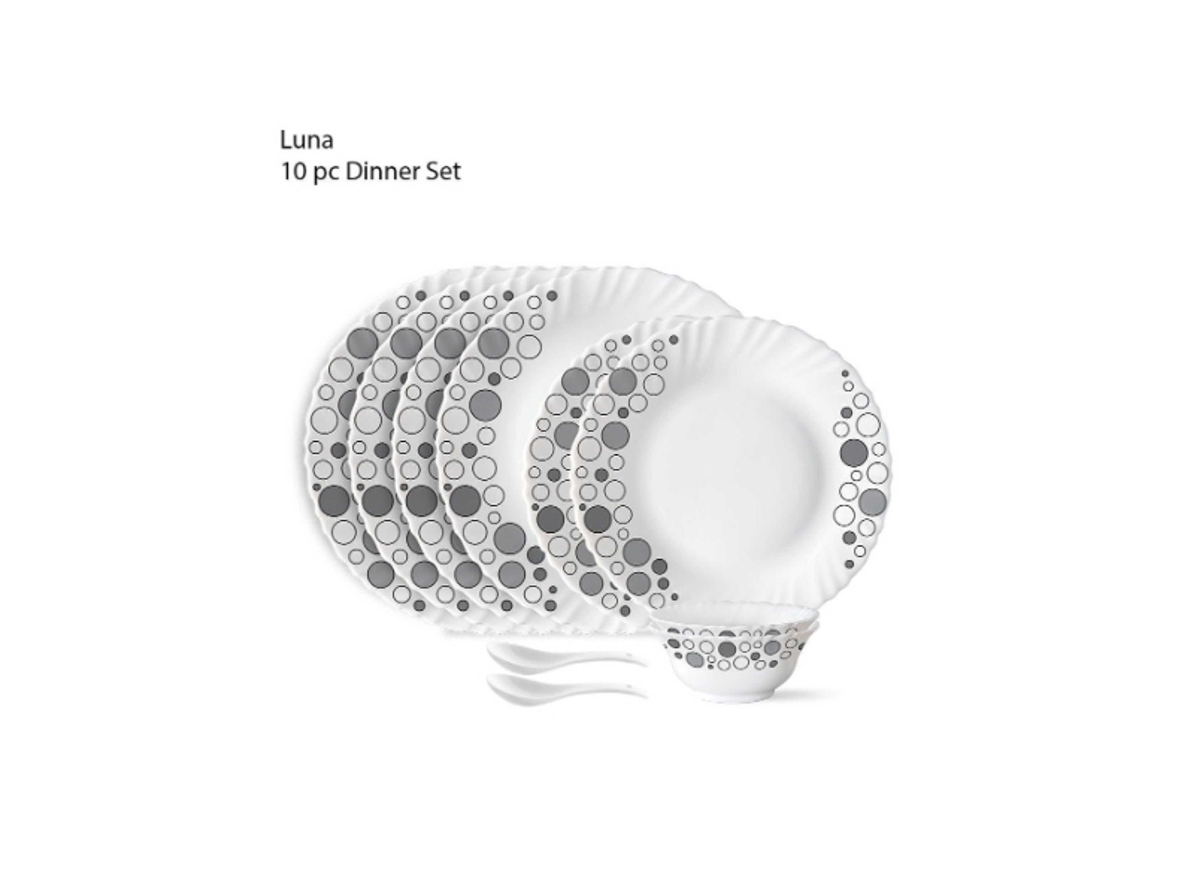 10 Piece Opalware Luna Dinner Set | 4 Piece Dinner Plates, 2 Pcs Side Plates, 2 Pcs Soup Bowls, 2 Pcs Spoons | Microwave & Dishwasher Safe | Chip & Scratch Resistant, White - Product Main Image