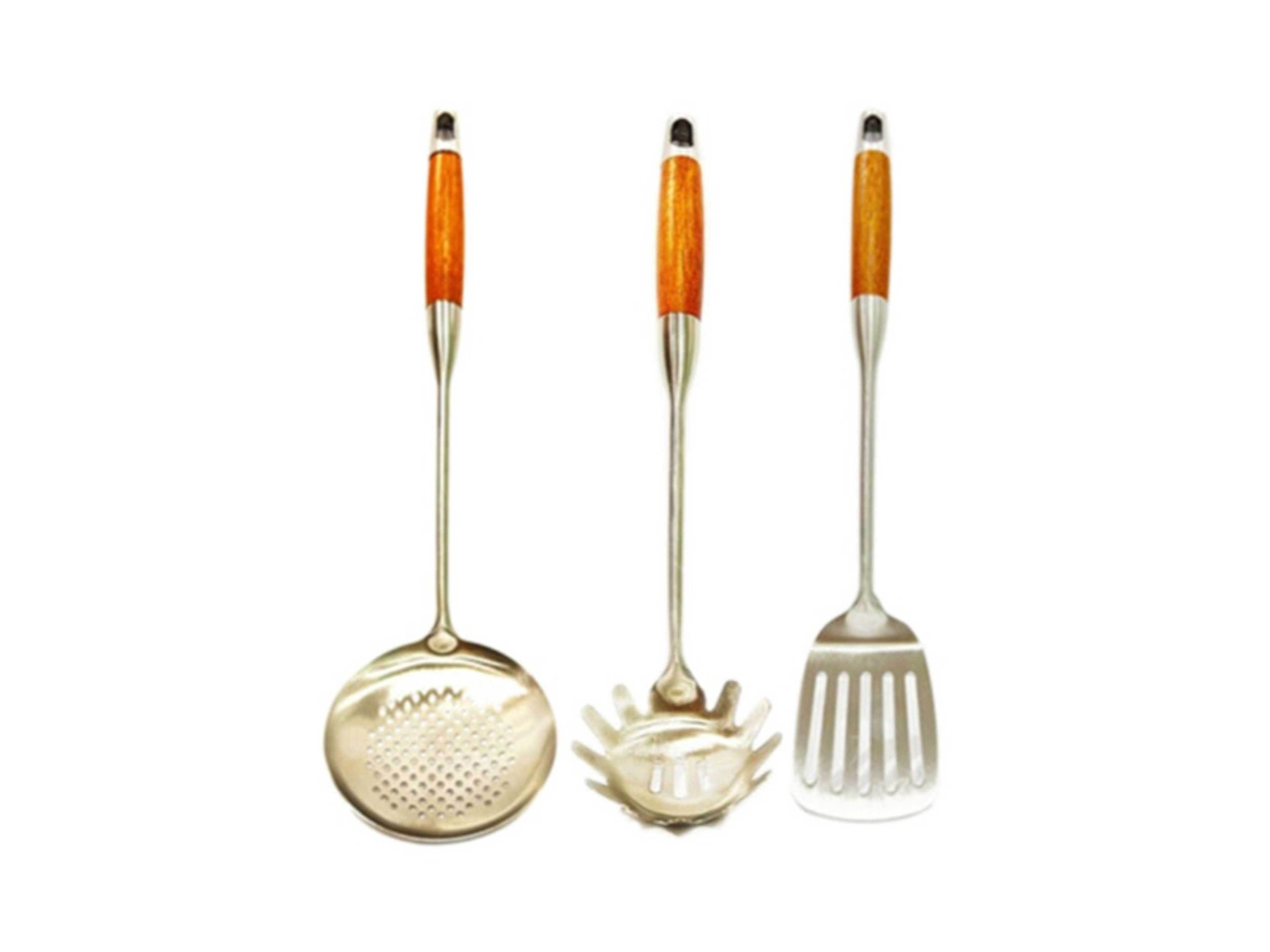 3 Pcs Stainless Steel Kitchen Utensils/Spoon Set | Wooden Handle | Long Handle Spoons | Slotted Ladle/Turner/Pasta Spoons | Skimmer | Turner | Pasta Spoon/Fork/Ladle | BC315+BC316+BC317 - Product Main Image