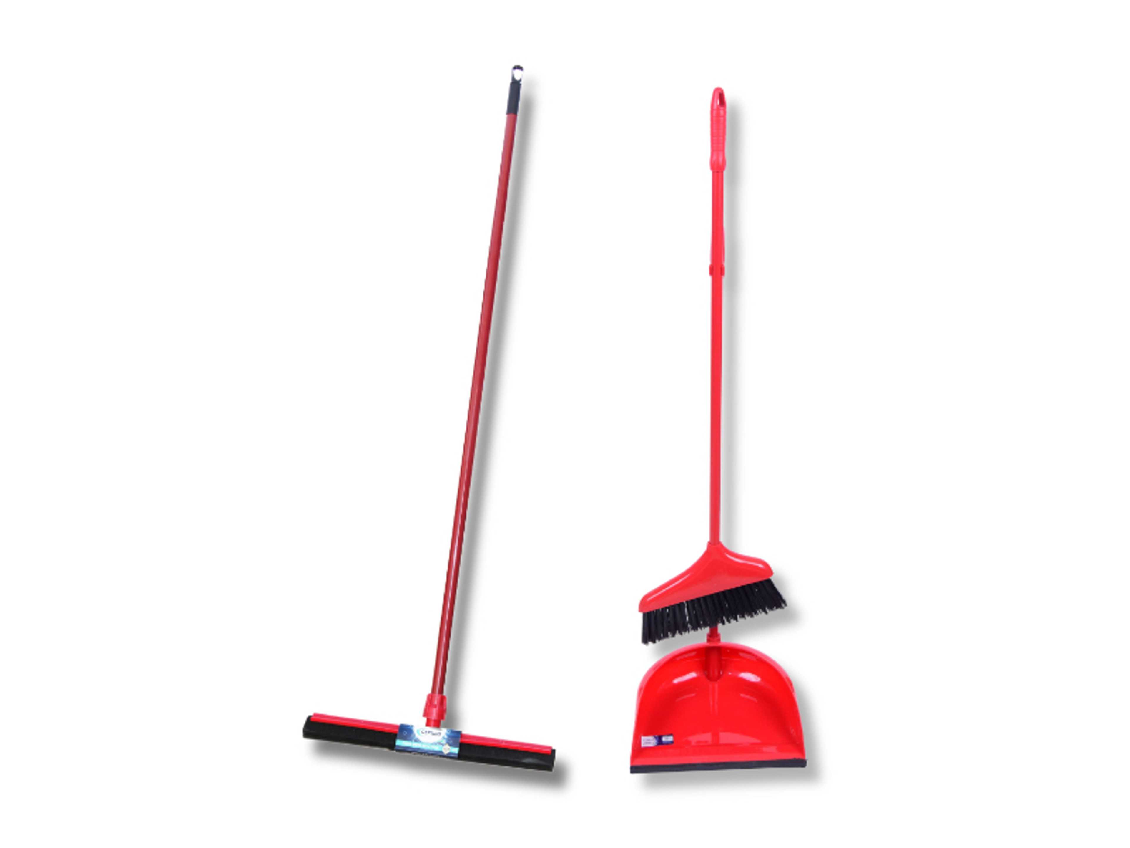 Complete Cleaning Set: Long Handle Dustpan, Broom Brush, and Floor Wiper 45cm - Multipurpose for Home, Kitchen, Bathroom, Office, Lobby - Red (Set of 2) - CP620+CP608 - Product Main Image