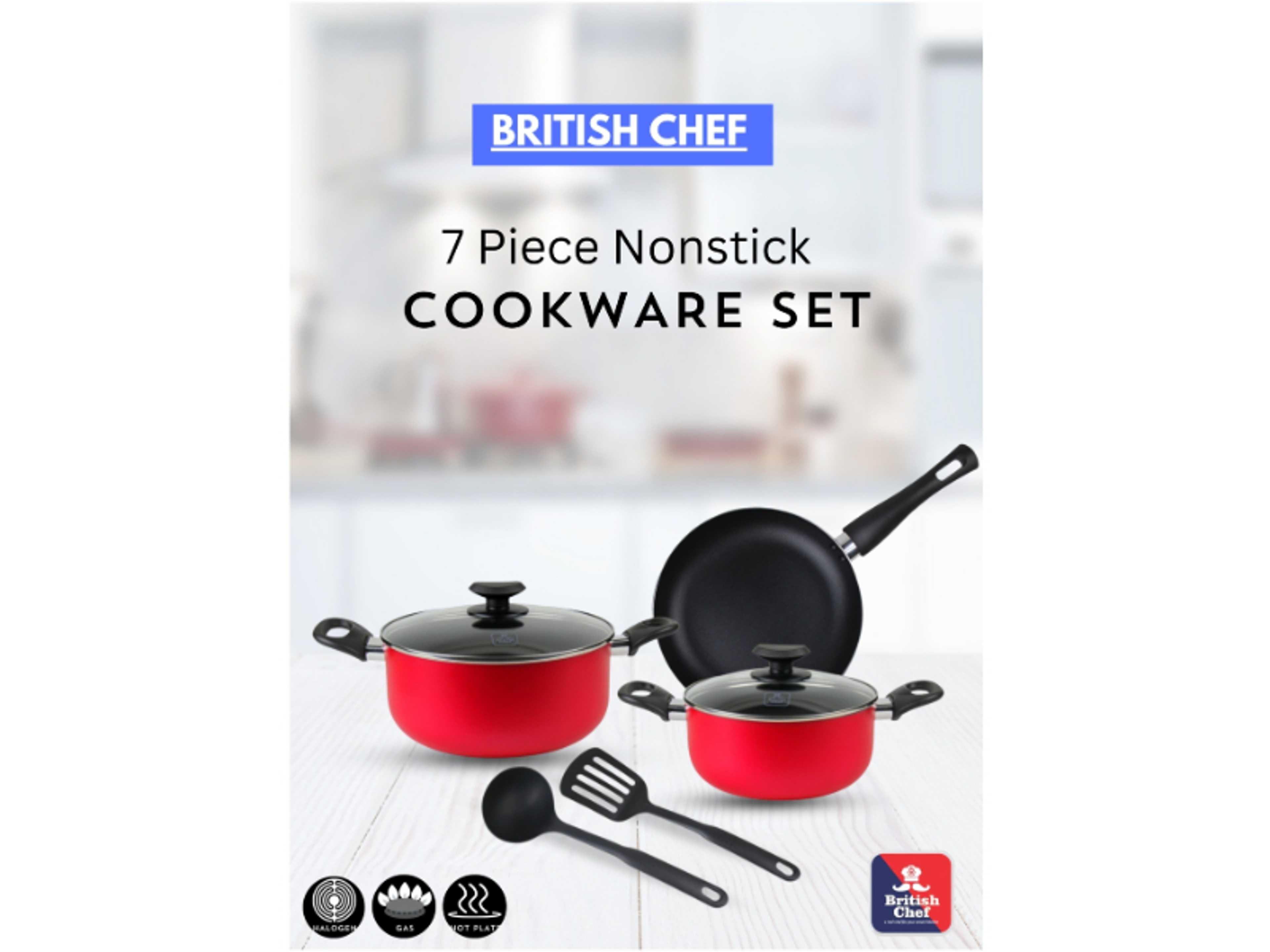 7 Piece Nonstick Cookware Set, 24CM Casserole + Lid, 20CM Casserole + Lid, 24CM Frypan, Nylon Turner, Nylon Ladle BC131 - Product Main Image