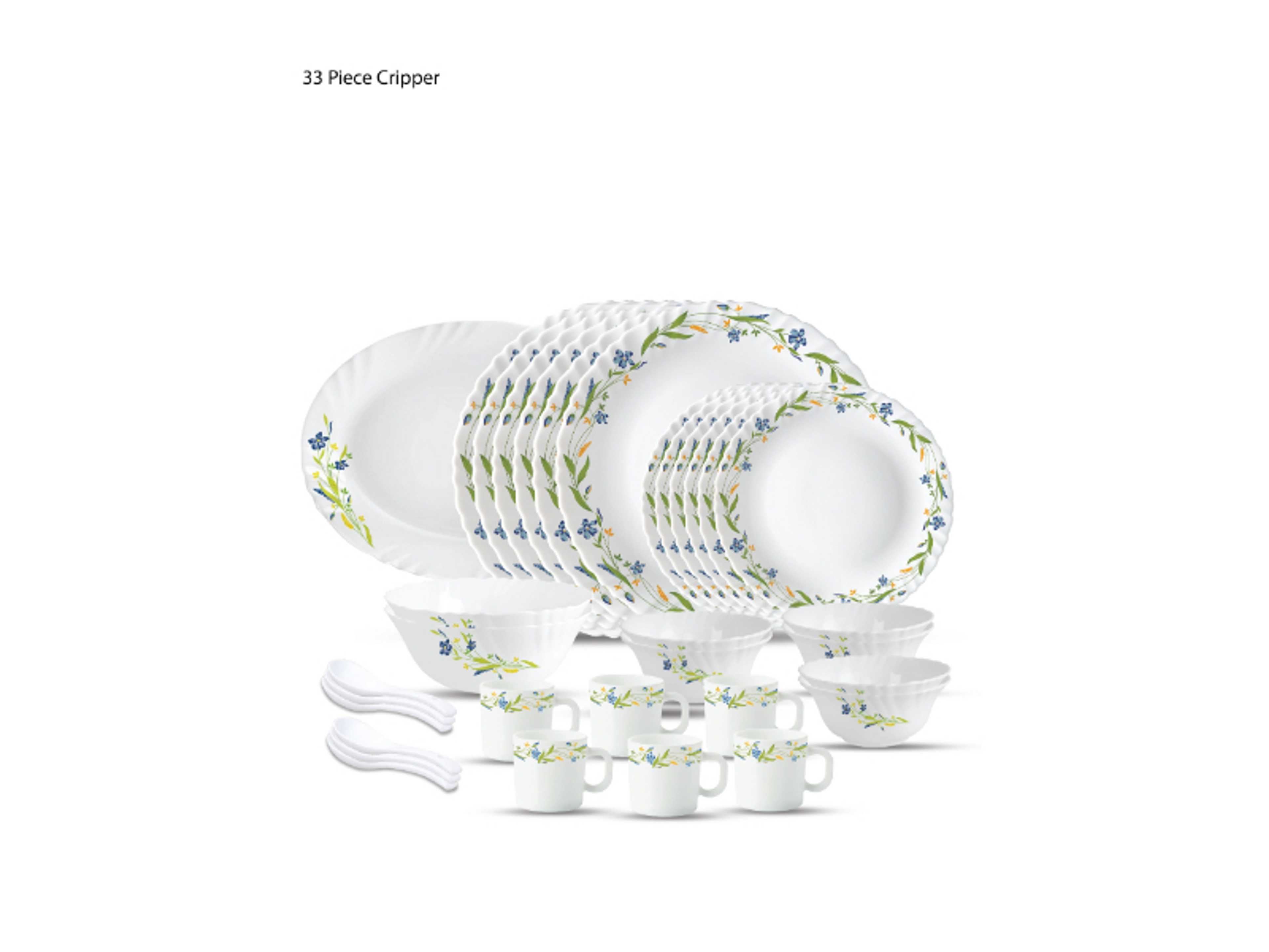 33 Pieces Opalware Dinner Set | Microwave & Dishwasher Safe | Cripper Dinnerware set with 6-Piece Dinner Plate, 6-Piece Side Plate, 1- Piece Rice Plates, 2-Piece Serving Bowl, 6-Piece Soup Bowl, 6-Piece Mug, 6-Piece Spoons-White - Product Main Image