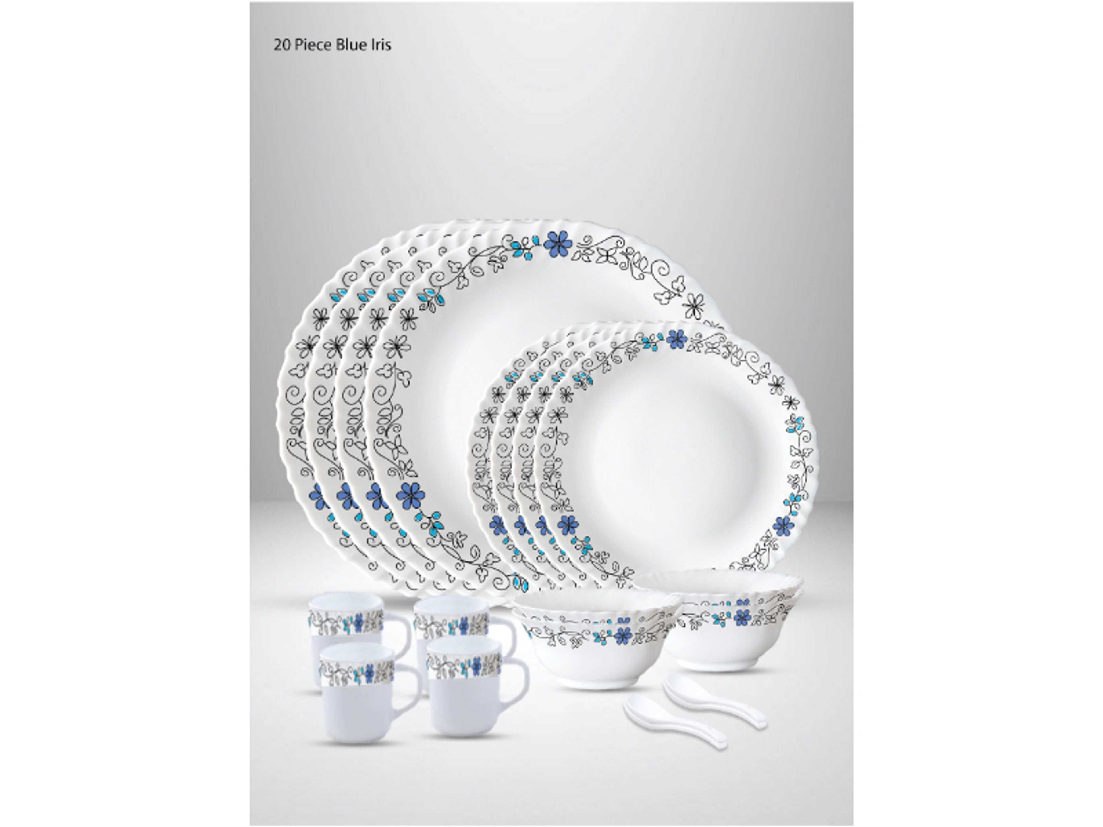 20 Pieces Opalware Dinner Set | Microwave & Dishwasher Safe | Blue Iris Dinnerware set with 4-Piece Dinner Plate, 4-Piece Side Plate, 4-Piece Veg Bowl, 4-Piece Mug, 4-Piece Spoons-White - Product Main Image