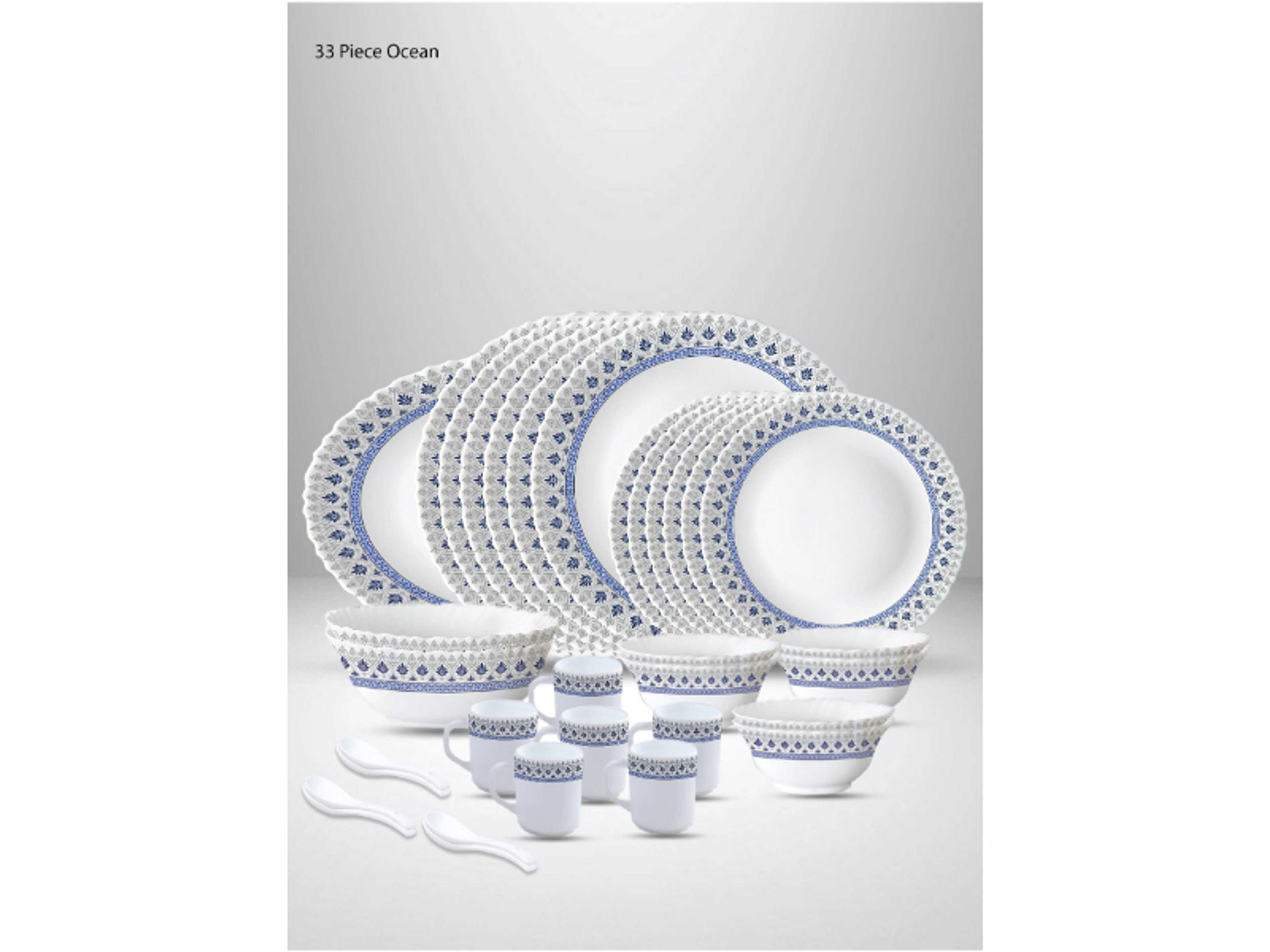 33 Pieces Opalware Dinner Set | Microwave & Dishwasher Safe | Ocean Dinnerware set with 6-Piece Dinner Plate, 6-Piece Side Plate, 1- Piece Rice Plates, 2-Piece Serving Bowl, 6-Piece Soup Bowl, 6-Piece Mug, 6-Piece Spoons-White - Product Main Image