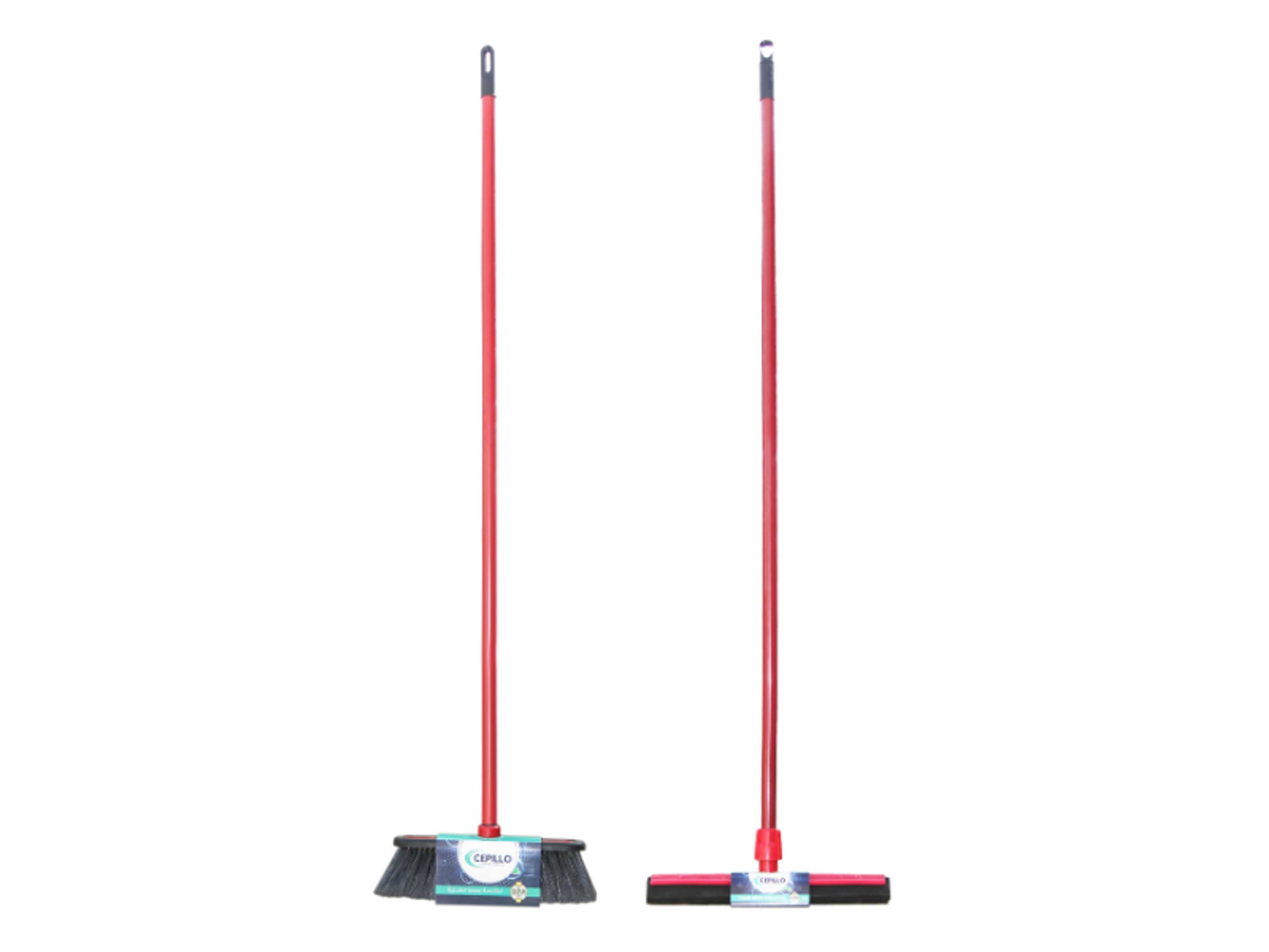 Long Handle brush/Broom With Rubber Bumper +  Floor Wiper With Stick 35cm  Combo RED/BLACK SET OF 2 - Product Main Image