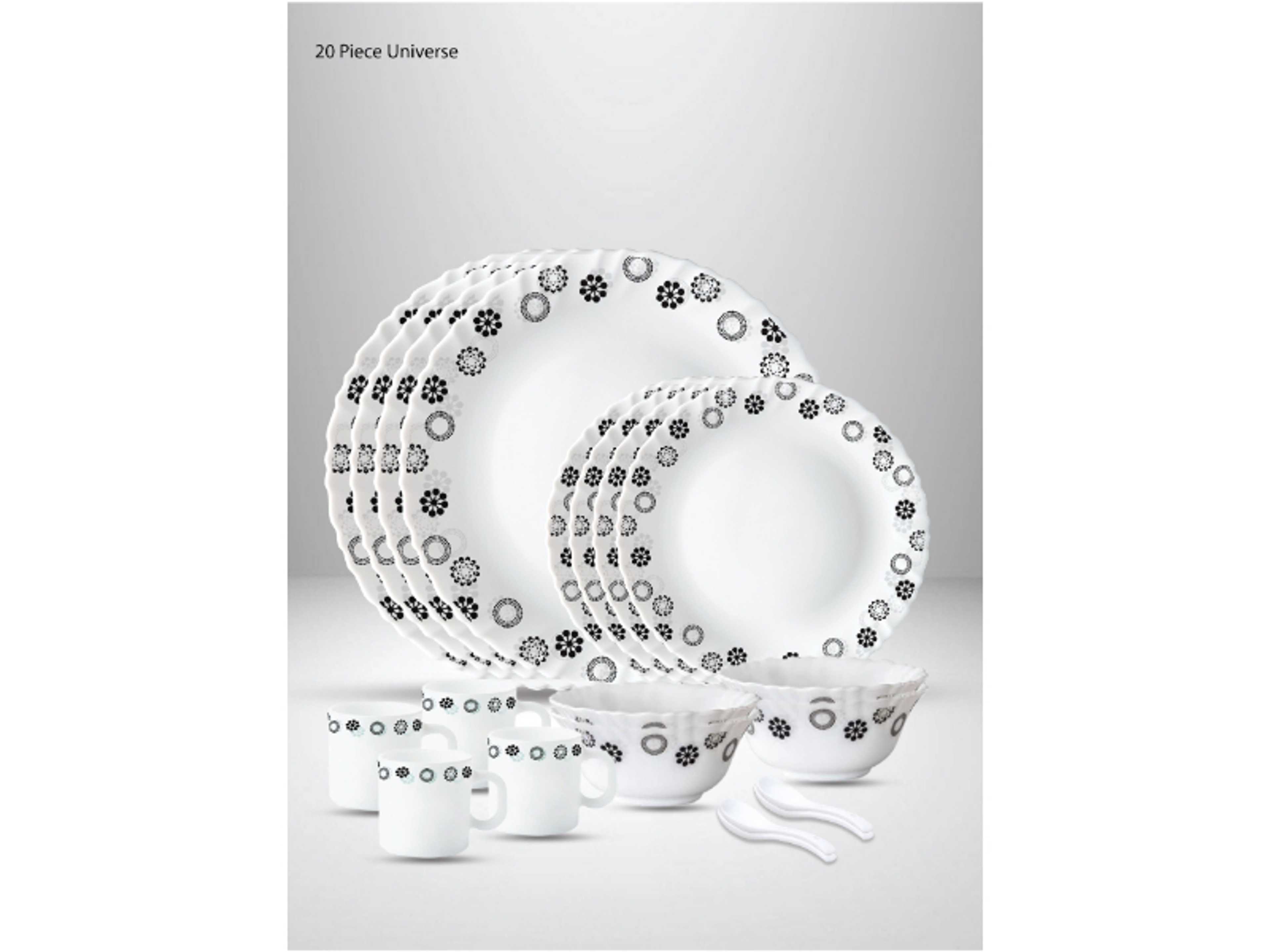 20 Pieces Opalware Dinner Set | Microwave & Dishwasher Safe | Universe Dinnerware set with 4-Piece Dinner Plate, 4-Piece Side Plate, 4-Piece Veg Bowl, 4-Piece Mug, 4-Piece Spoons-White - Product Main Image