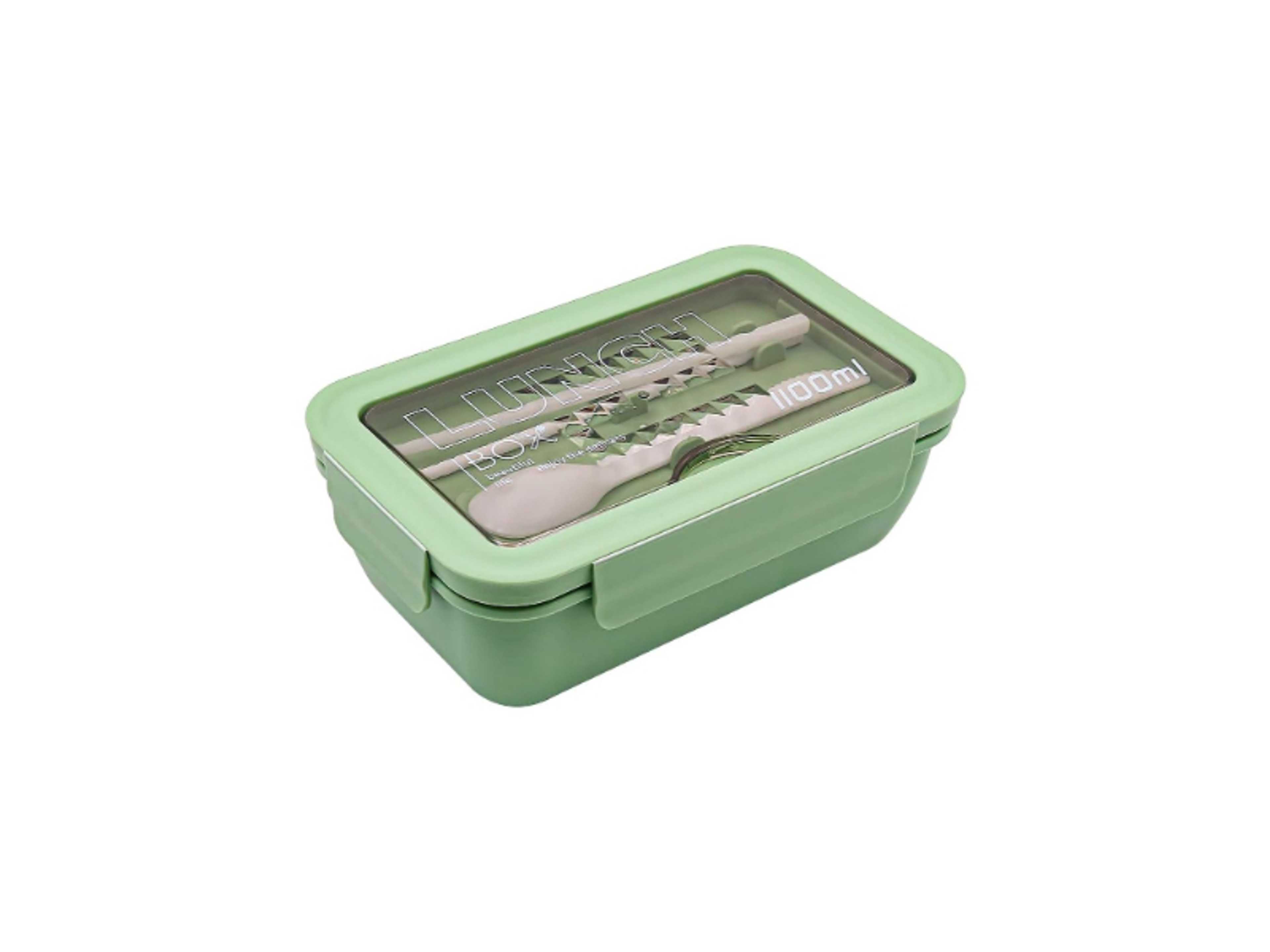 Lunch Box & Cutlery Fork Spoon, Leak Proof 2 compartments 1100ml Capacity, Light Green Color, Meal Prep Container Box for Adults Kids Students Office Microwave Safe - Product Main Image