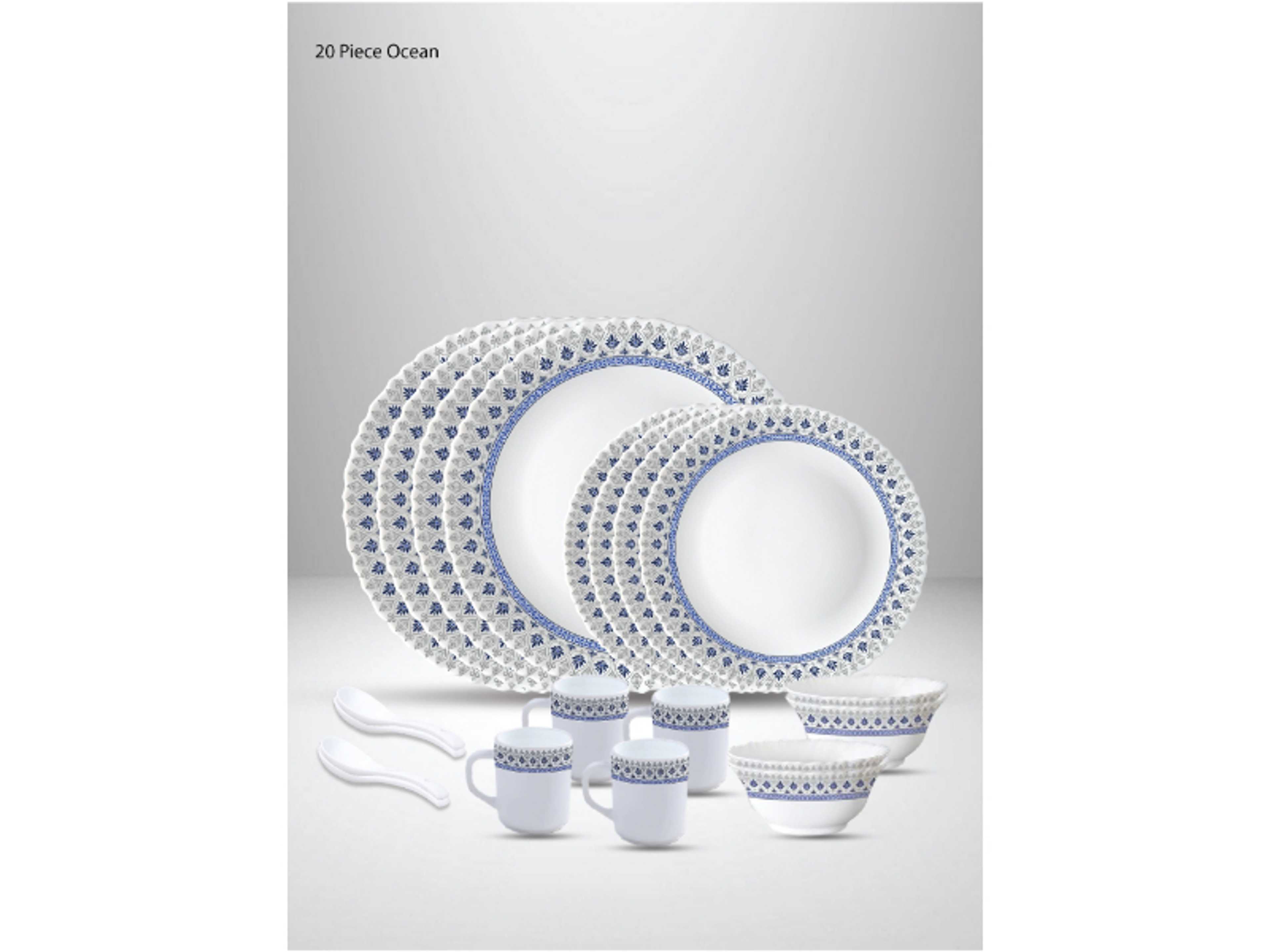 20 Pieces Opalware Dinner Set | Microwave & Dishwasher Safe | Ocean Dinnerware set with 4-Piece Dinner Plate, 4-Piece Side Plate, 4-Piece Veg Bowl, 4-Piece Mug, 4-Piece Spoons-White - Product Main Image