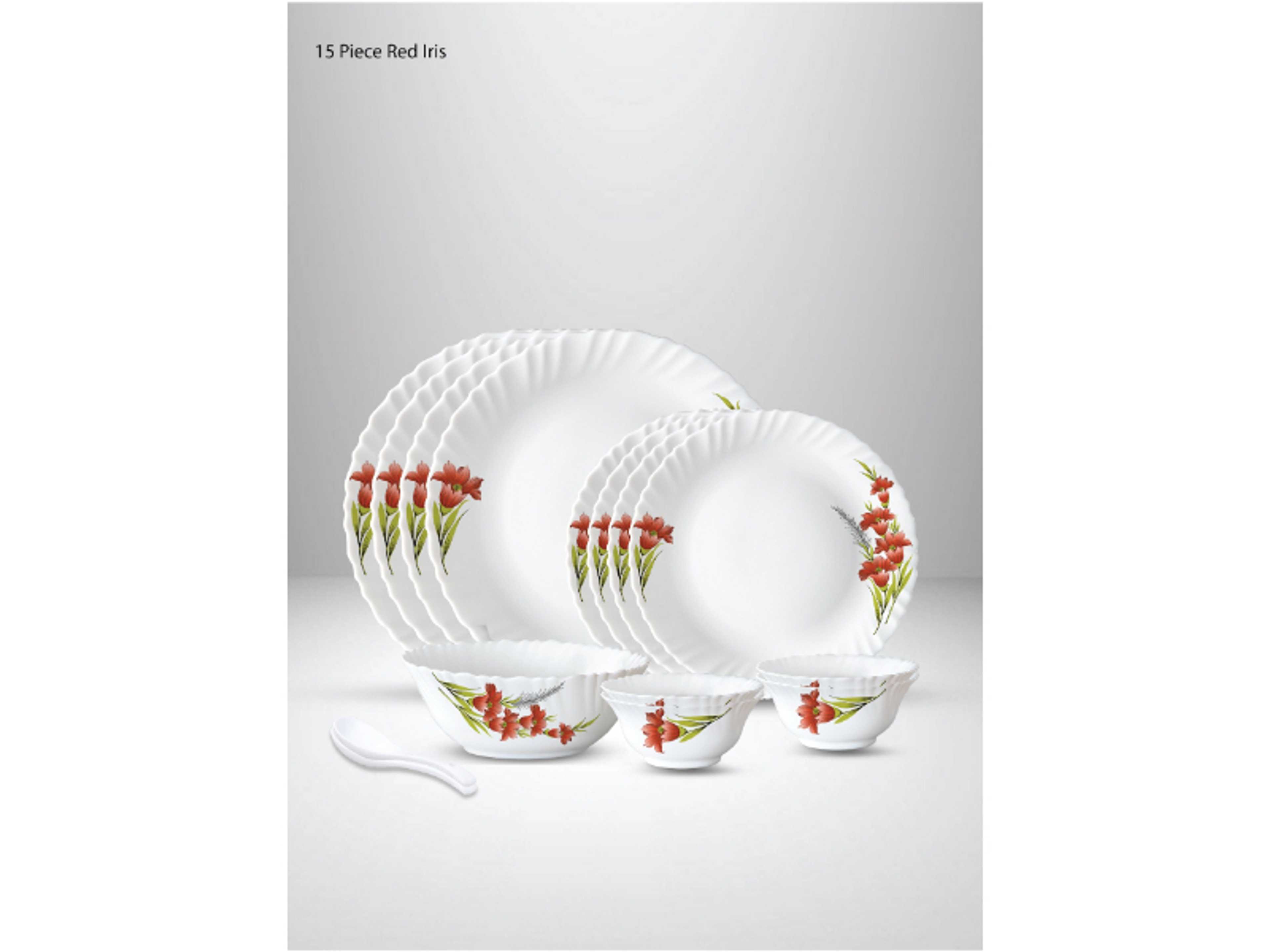 15 Pieces Opalware Dinner Set | Microwave & Dishwasher Safe | Red Iris Dinnerware set with 4-Piece Dinner Plate, 4-Piece Side Plate, 1-Piece Serving Bowl, 4-Piece Veg Bowl, 2-Piece Spoons-White - Product Main Image
