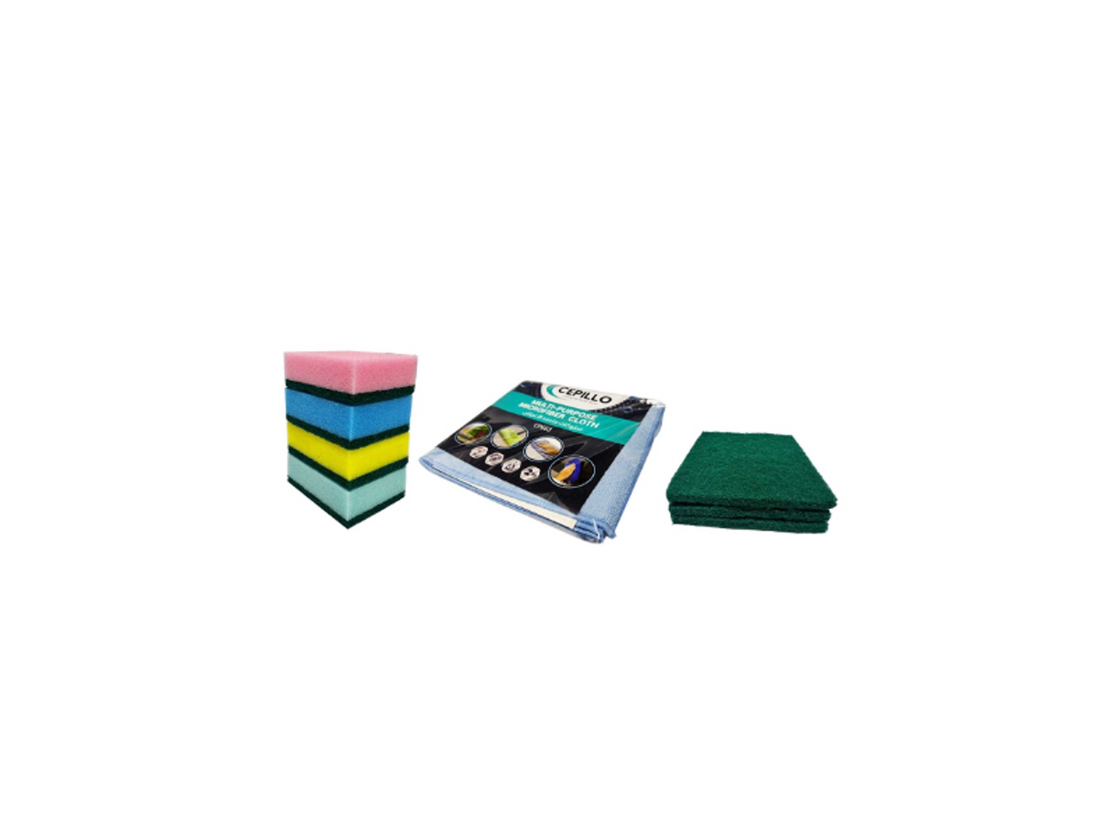 9Pcs Kitchen Cleaning Set | 2Pcs Multi-purpose Microfibre Cloth/Reusable | 3Pcs Heavy Duty XL Scouring Pad/Green Scrub/Kitchen Bathroom Scrubbers | 4Pcs Multicolored Sponge Scourer/Dish Sponge - Product Main Image