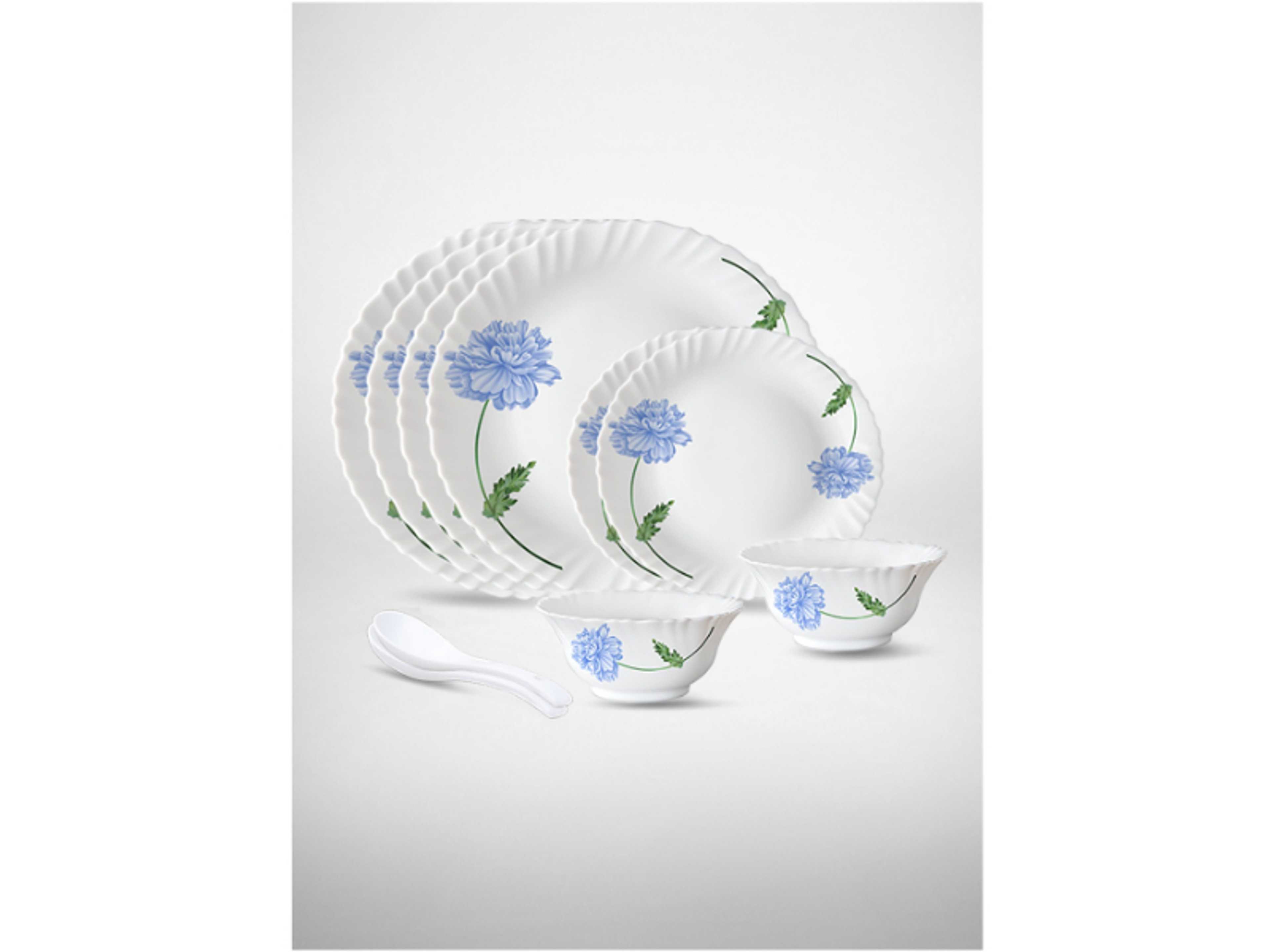 10 Pieces Opalware Dinner Set | Microwave & Dishwasher Safe | Blue Mist Dinnerware set with 4-Piece Dinner Plate, 2-Piece Side Plate, 2-Piece Soup Bowl, 2-Piece Spoons-White - Product Main Image